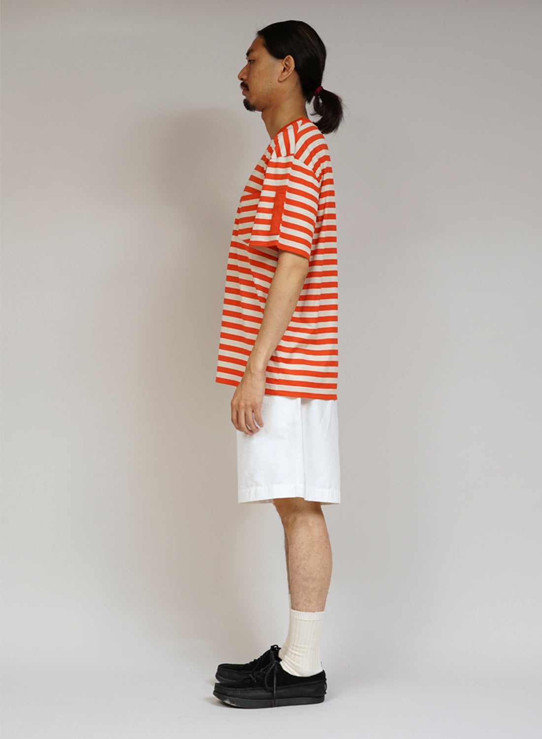 Nigel Cabourn x Sunspel Short Sleeve Pocket T-Shirt in Orange/Stone Stripe - 3