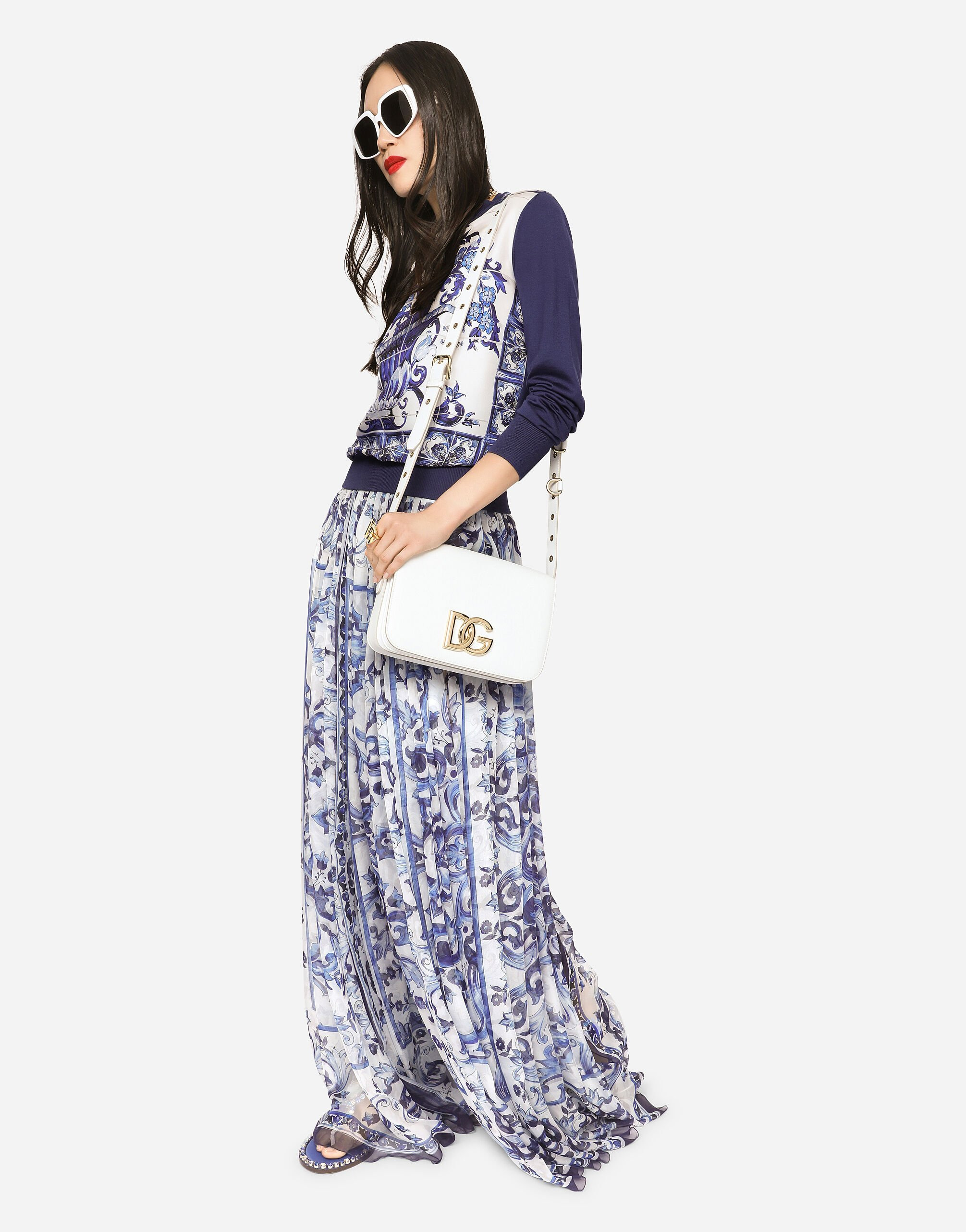 Long majolica-print chiffon skirt - 5