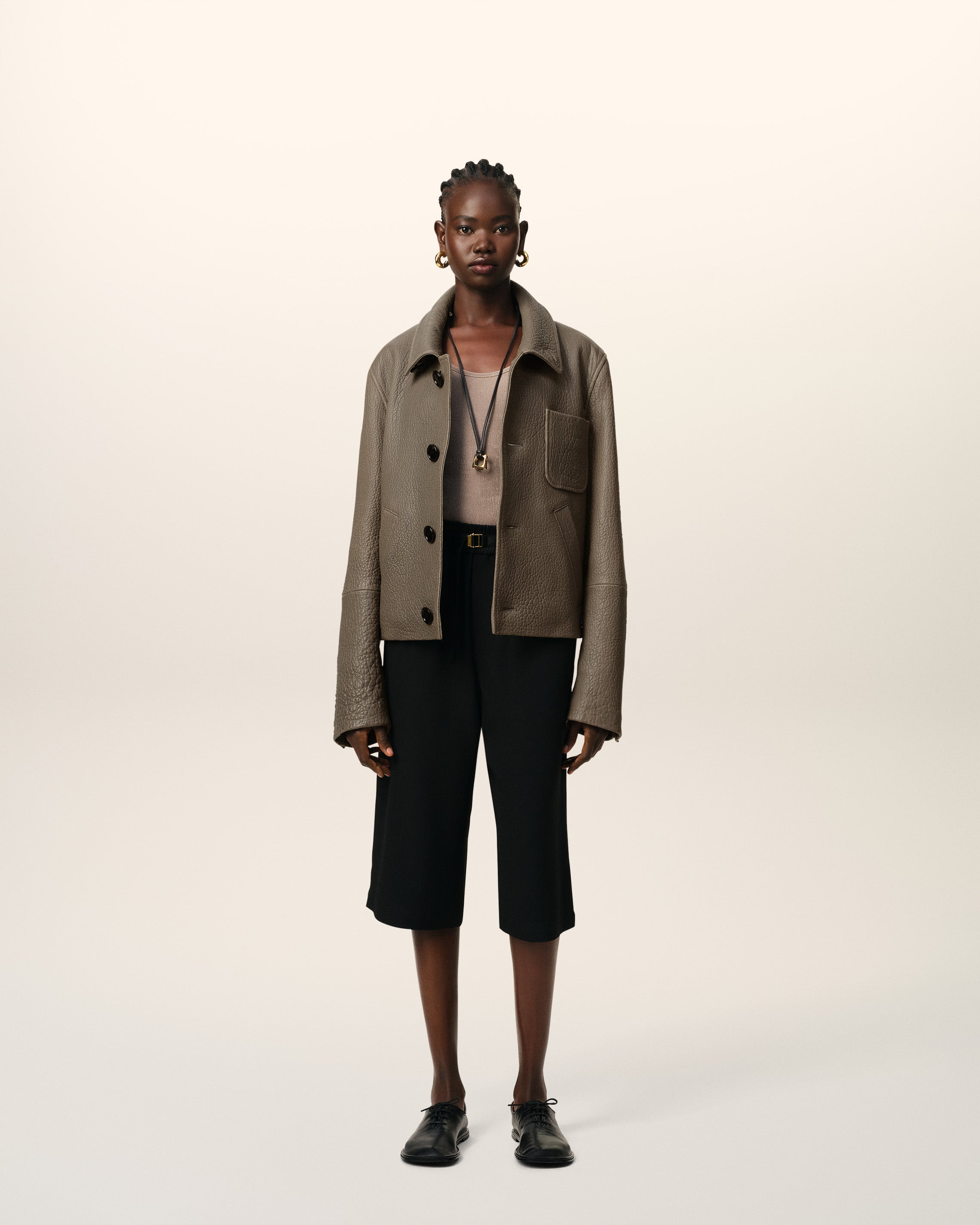 TAUPE LEATHER BUTTONED JACKET - 2