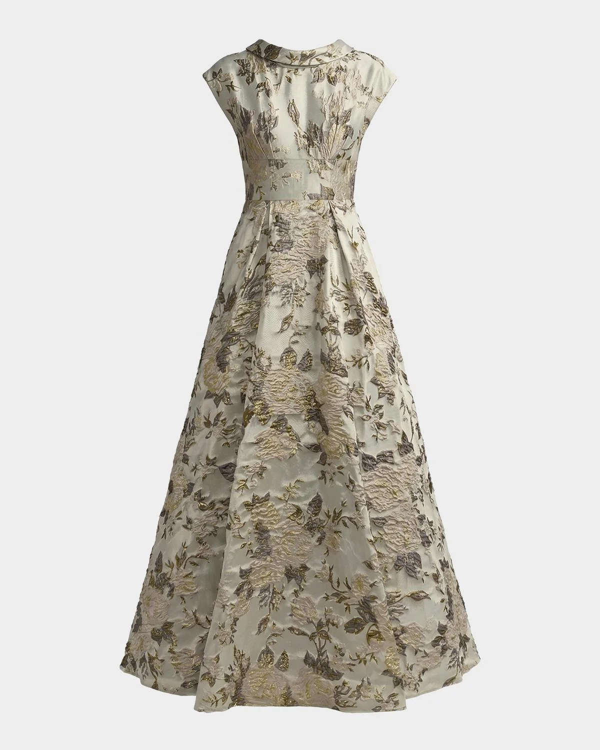 Pleated Floral Brocade A-Line Gown - 1