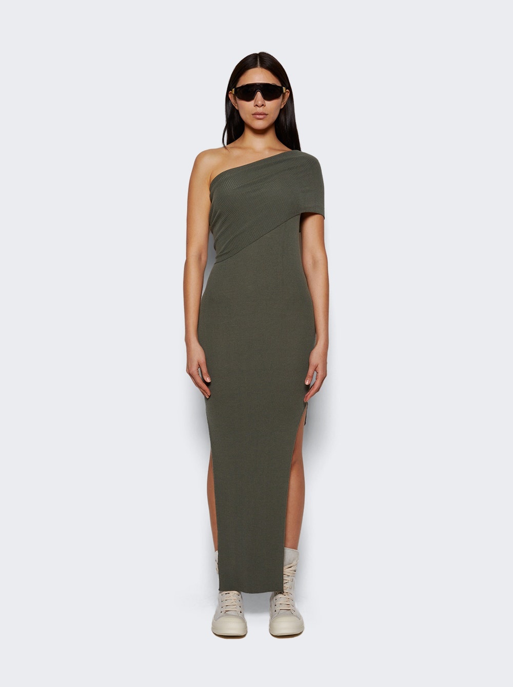 Ribbed One-Shoulder Dress Moss Green - 3