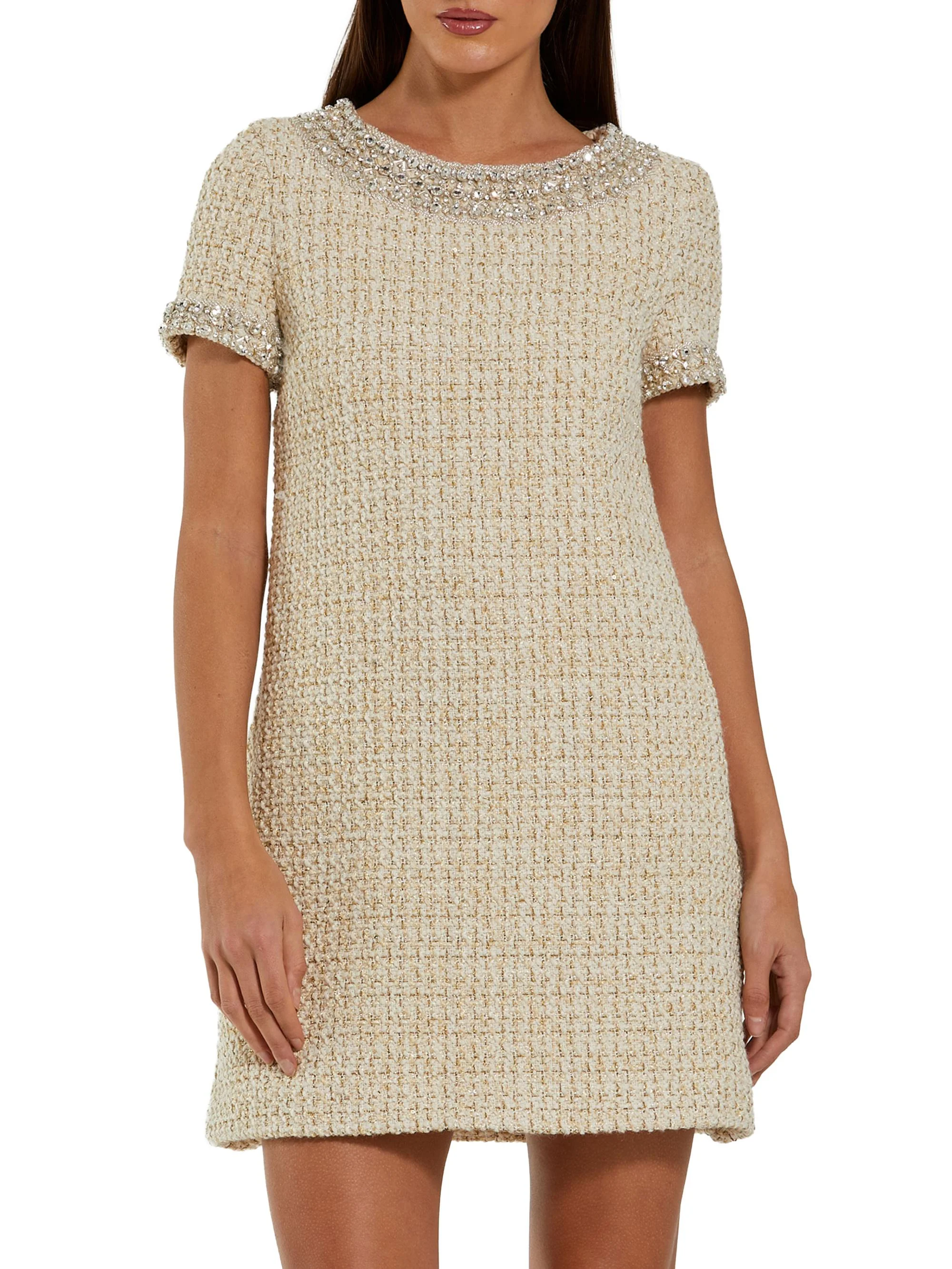 Women's Short Sleeve Bouclé Minidress With Beading Detail - Ivory Gold - 1