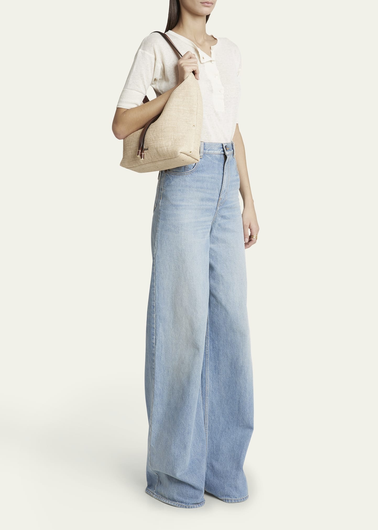Marcie Shoulder Bag in Raffia Fabric and Leather - 6