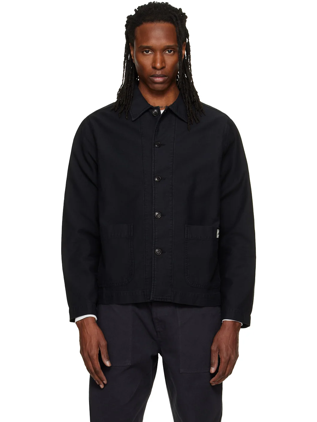 Black Cropped Sateen Canvas Worker Jacket - 1