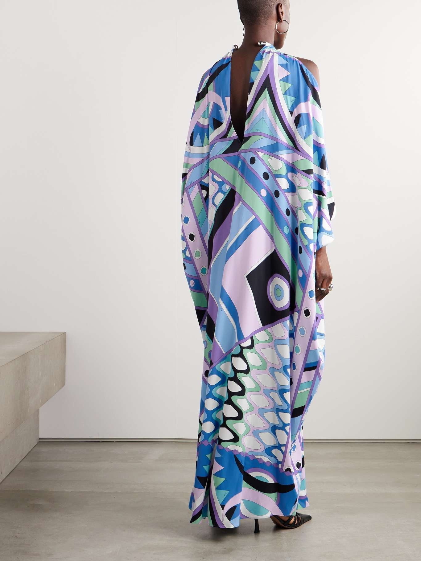 Cold-shoulder embellished printed satin maxi dress - 3