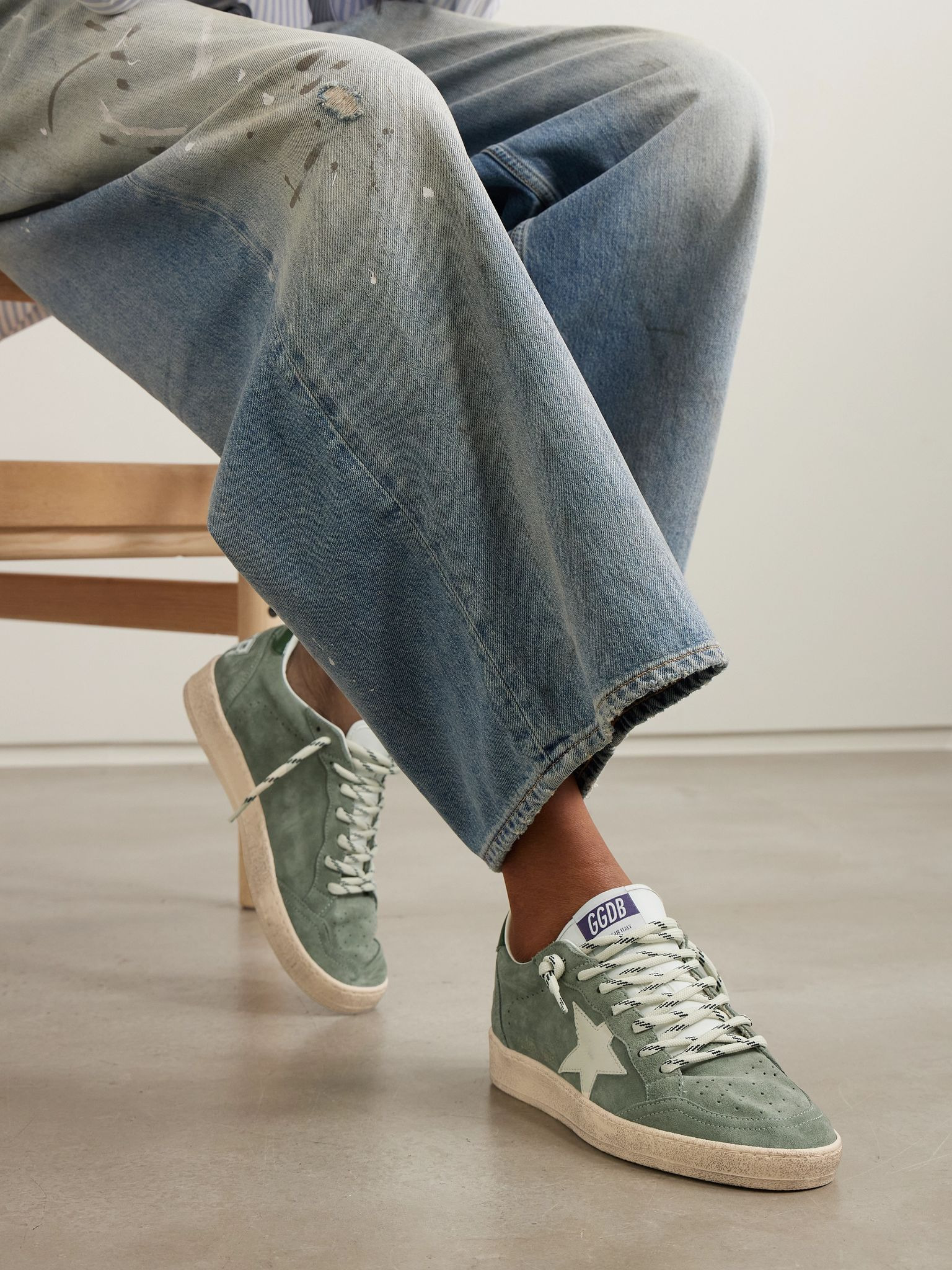 Ball Star distressed leather-trimmed suede sneakers Army green - 2
