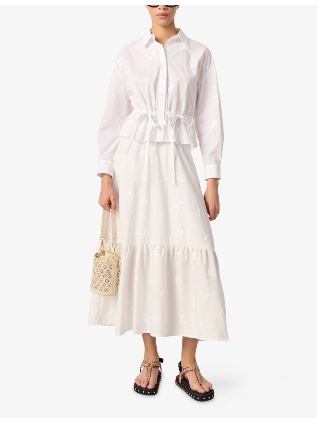 Floral-Embroidered Tie-Waist Cotton-Blend Shirt - 2