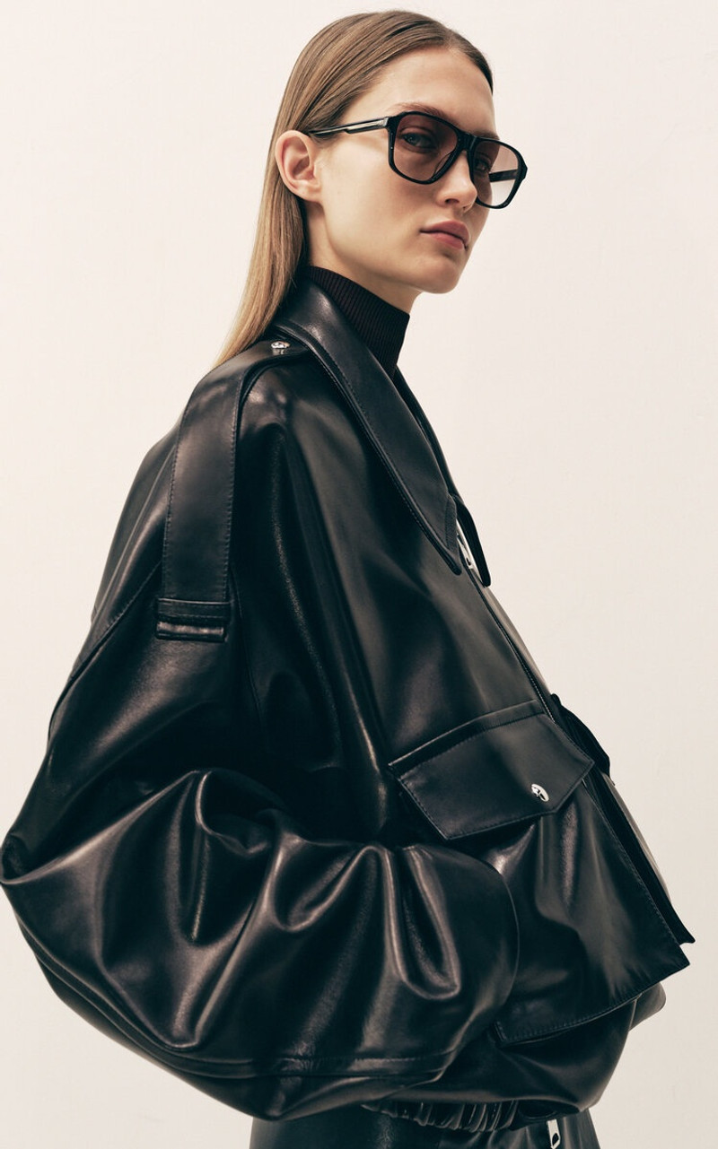 KHAITE Owey Plunge Leather Bomber Jacket black outlook