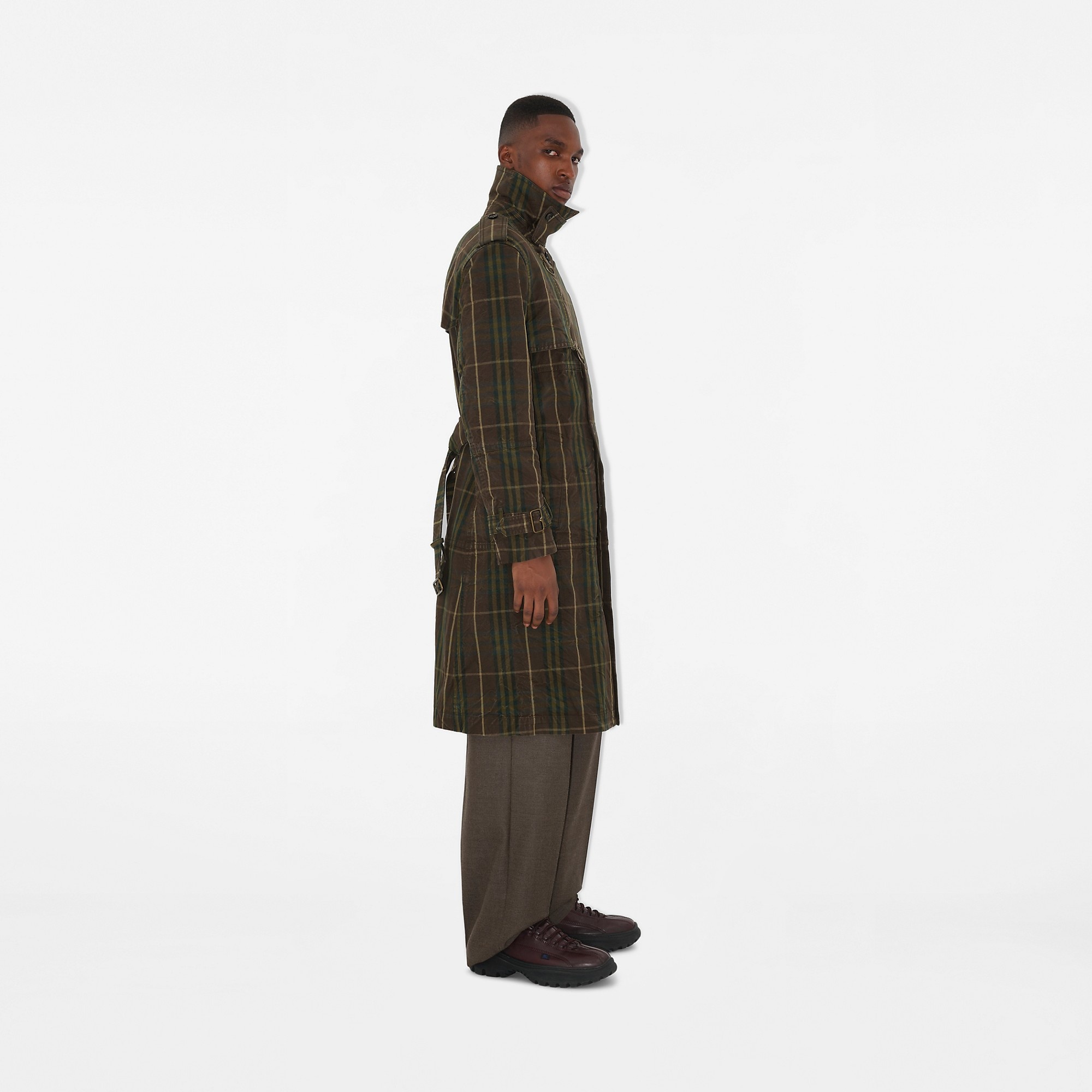 Long Check Cotton Trench Coat - 3