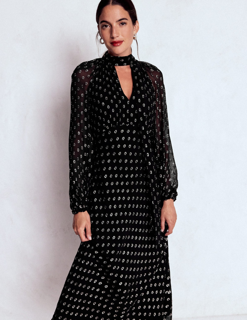 Tie Neck Midi Dress-Black and Silver Clip 6