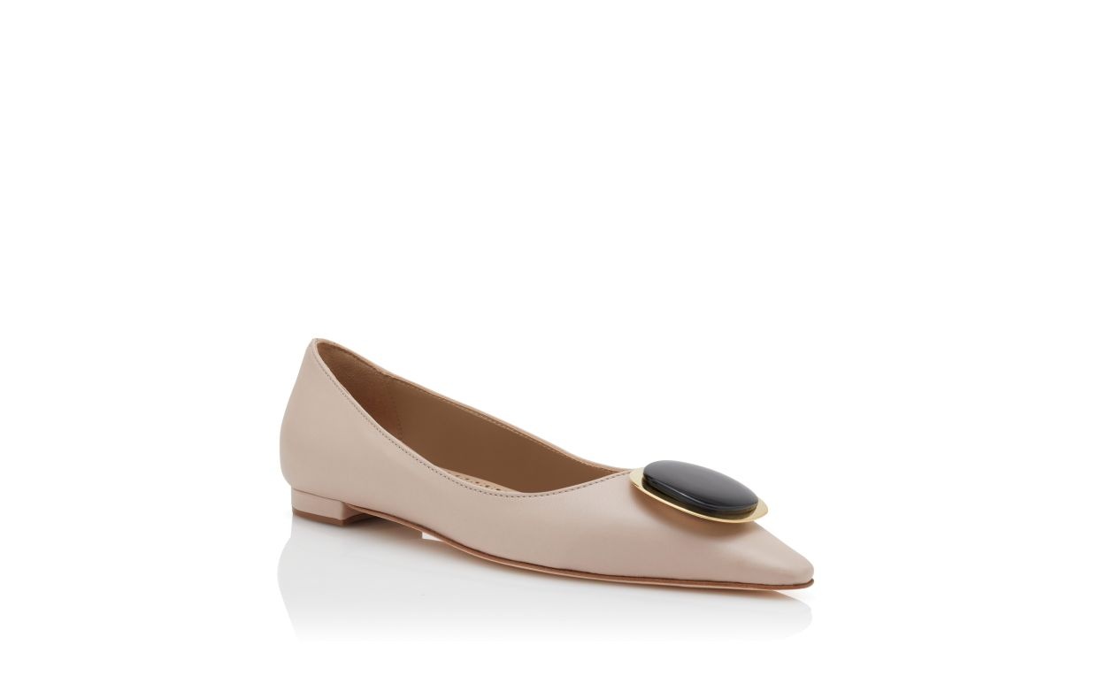 Beige Nappa Leather Pointed Toe Flat Pumps - 3