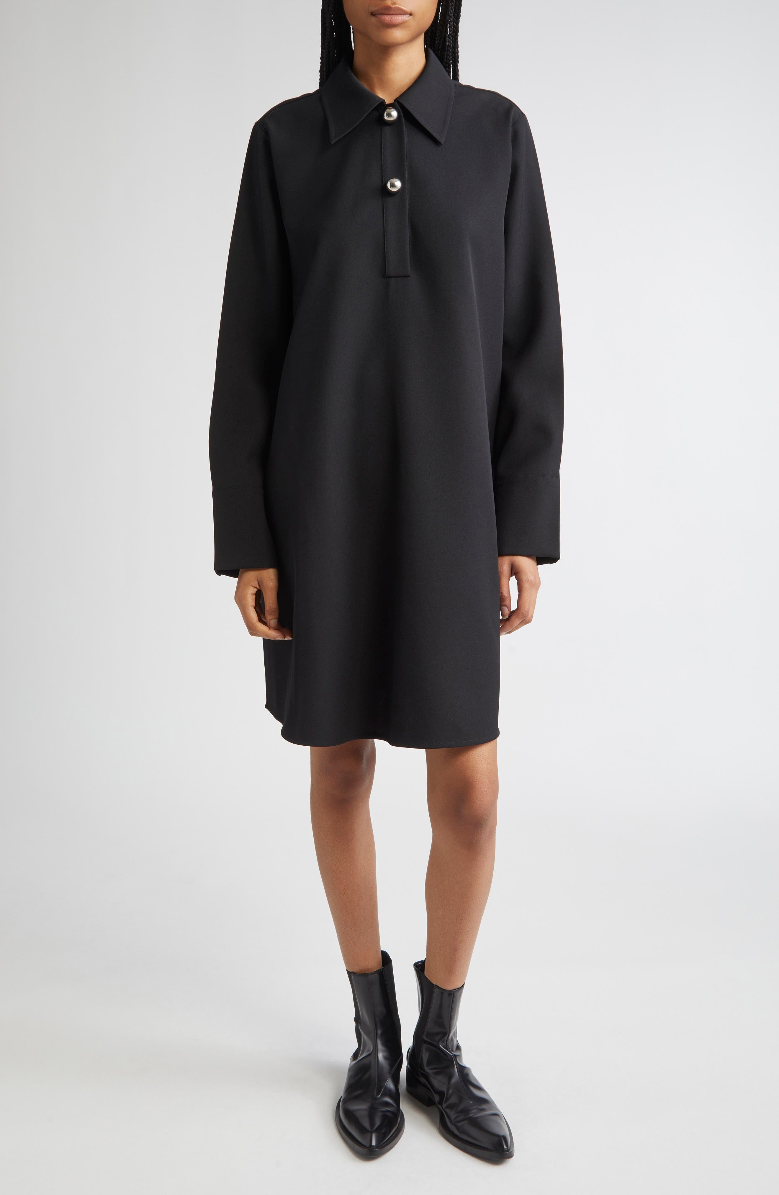Jil Sander Long Sleeve Wool Polo Dress in Black at Nordstrom - 1