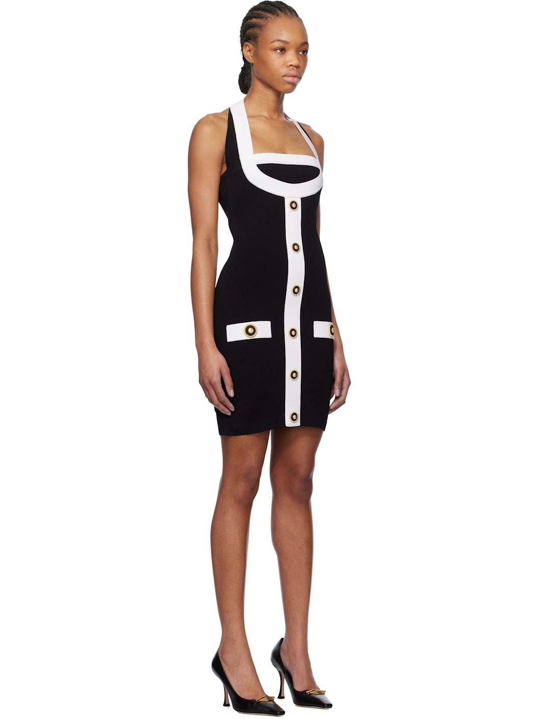 Black & White Two-Tone Halterneck Knit Minidress - 2