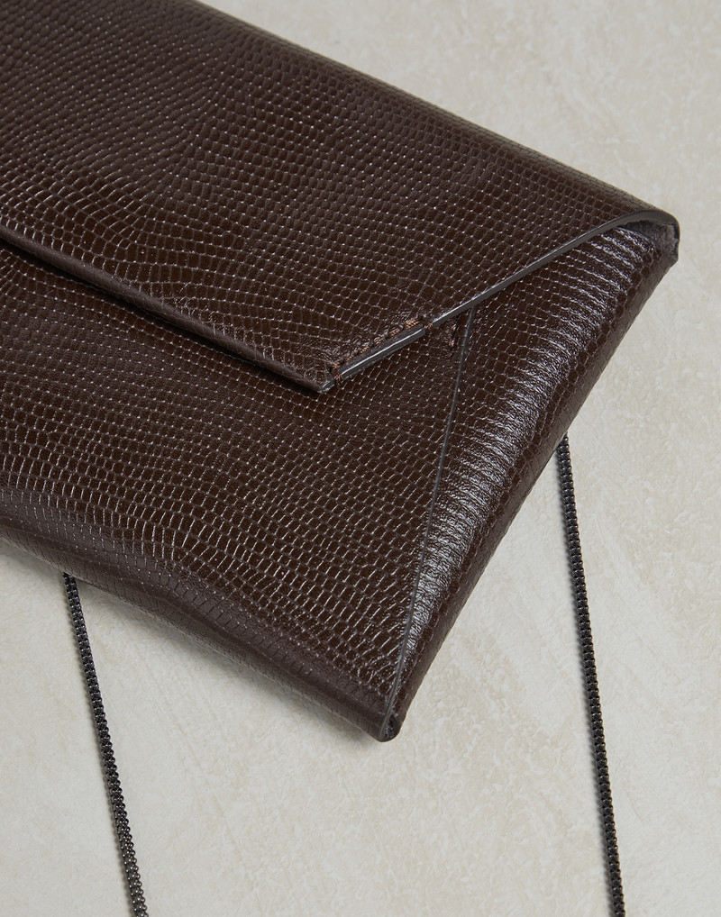 Lizard print leather envelope bag with precious chain 3