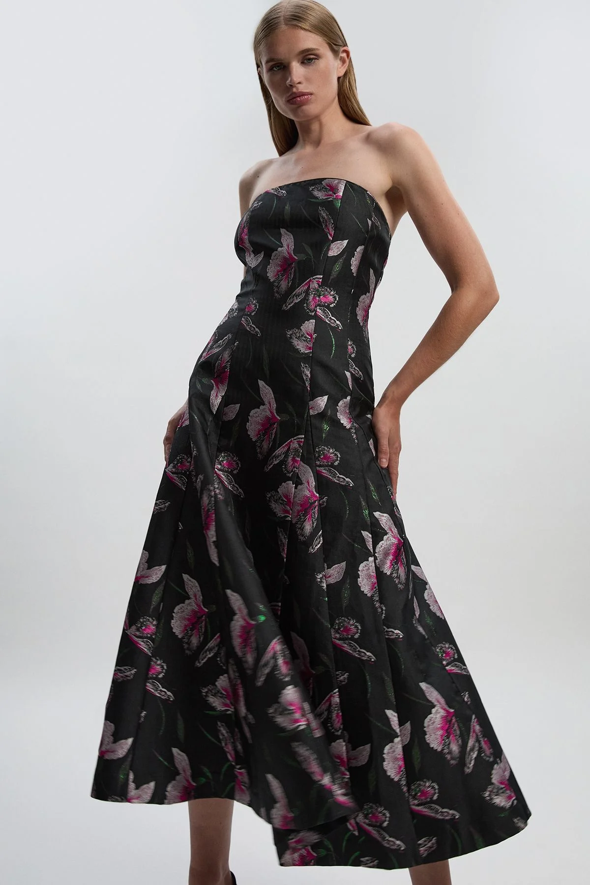 Jacquard Bandeau Full Skirted Midi Dress - 1