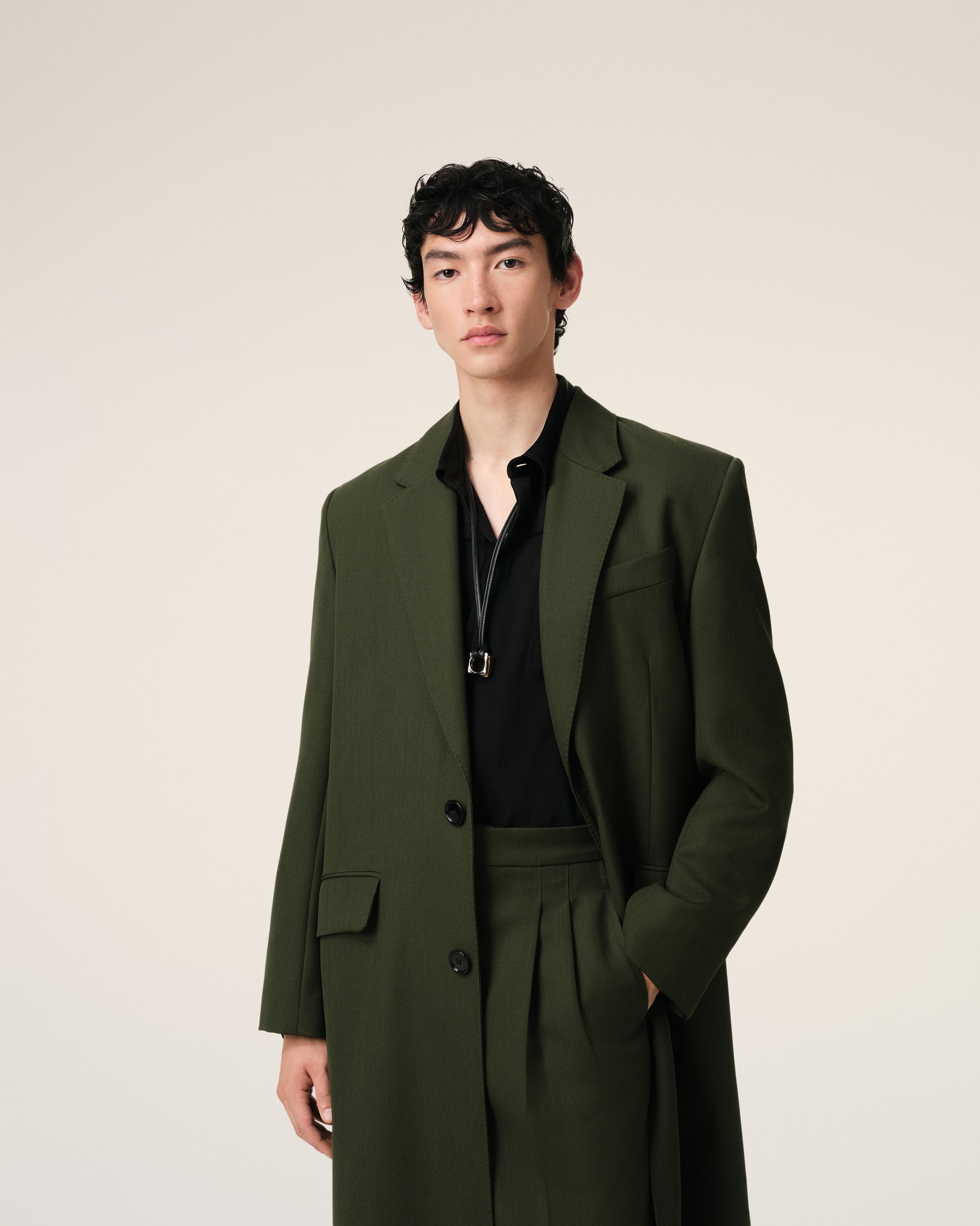GREEN WOOL BACK SLIT LONG COAT - 3