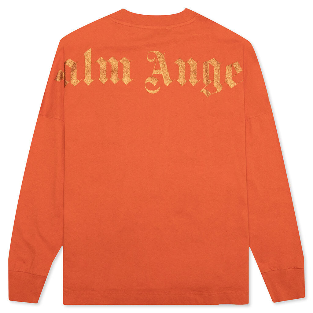 PALM ANGELS GLITTER CLASSIC LOGO OVER L/S TEE - BRICK RED - 2