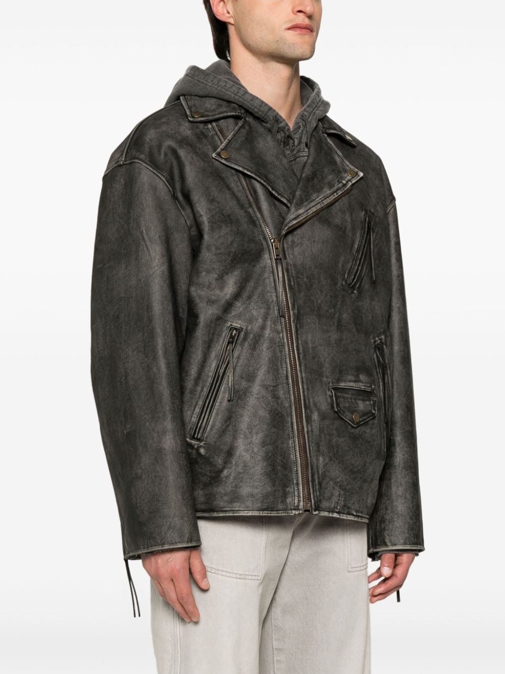 logo-embossed biker leather jacket - 3