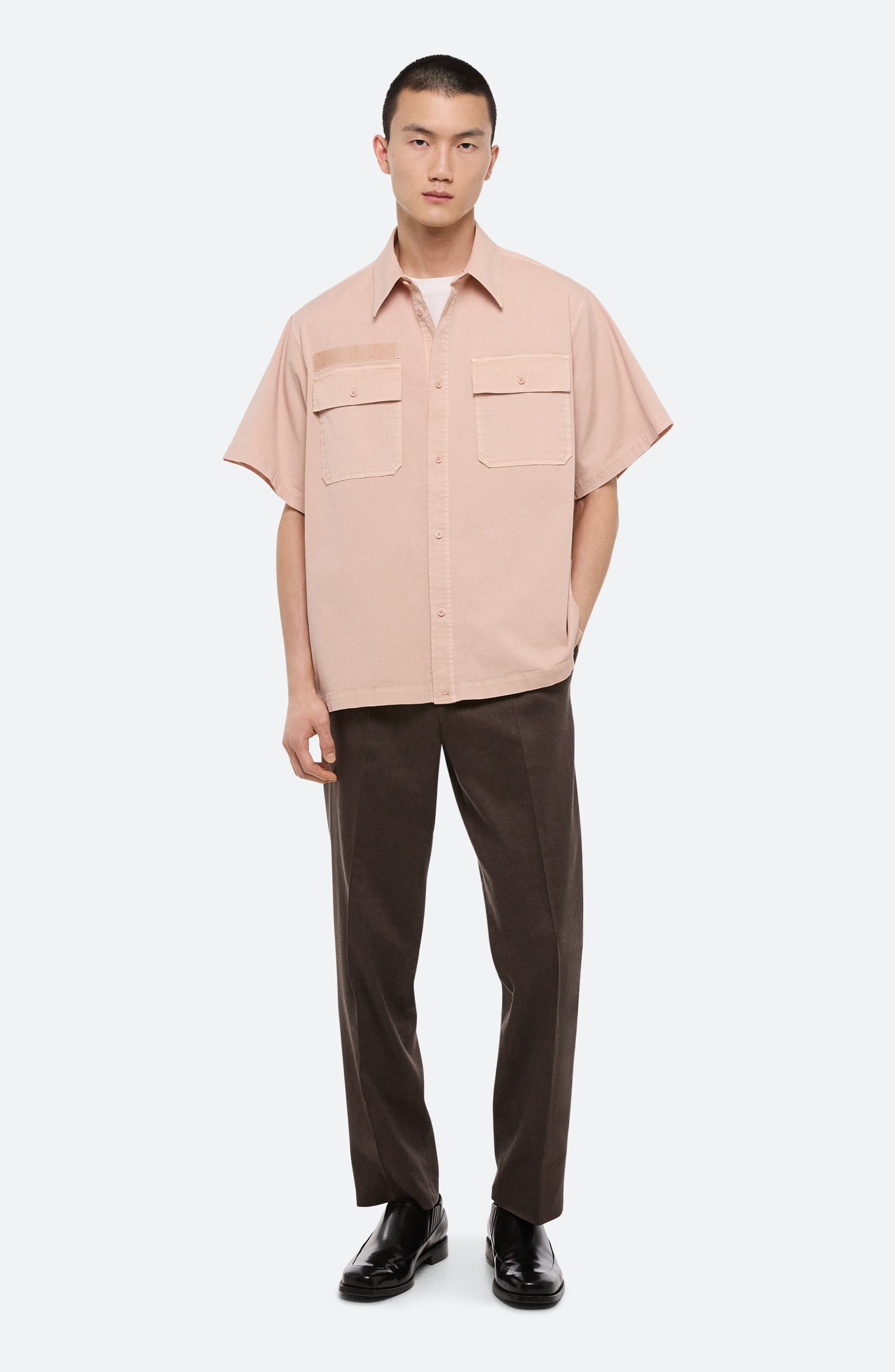 Helmut Lang GD Uniform Short Sleeve Stretch Twill Button Up Shirt in Salmon at Nordstrom - 7