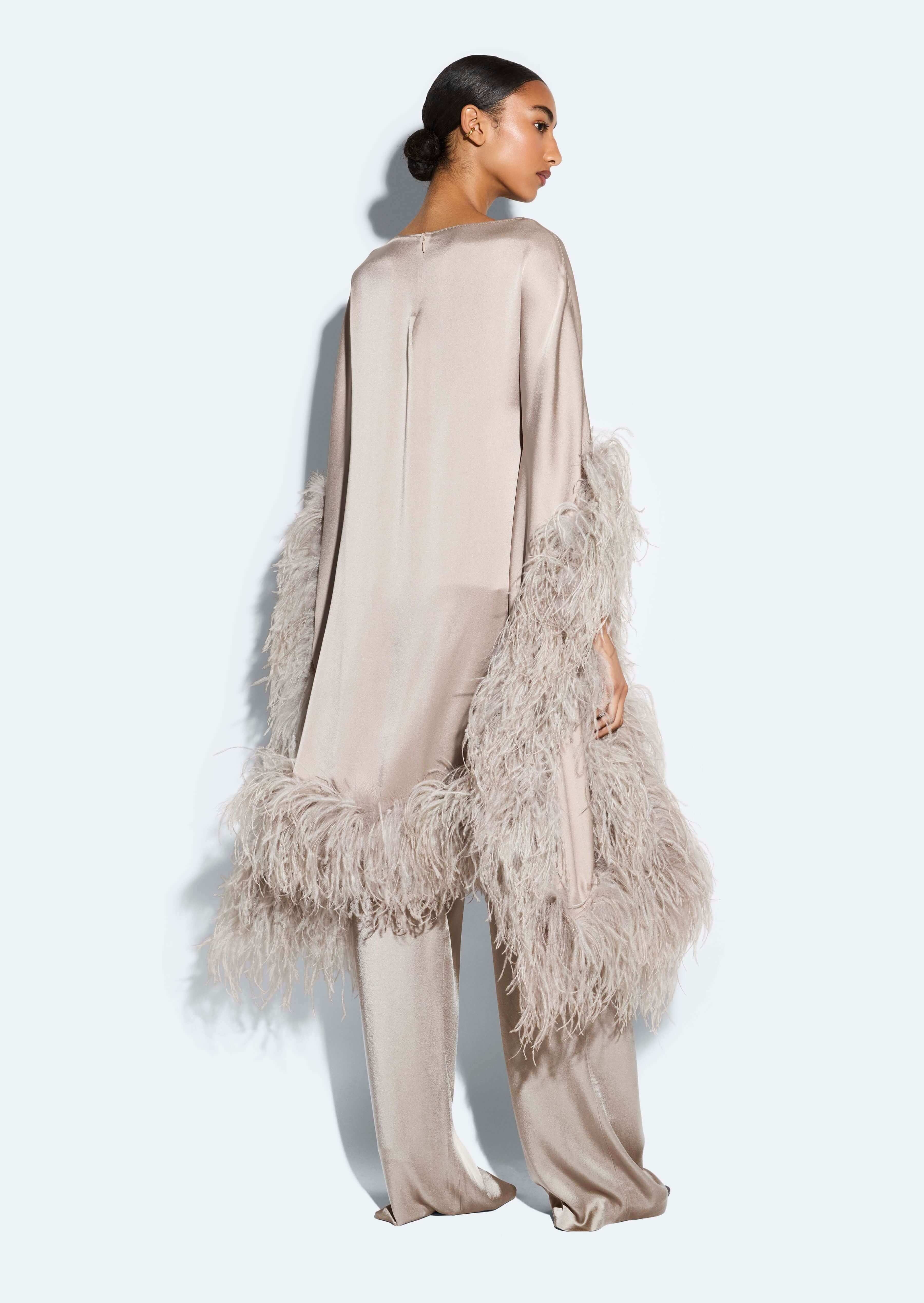 Satin Cape Dress With Feathers - 3