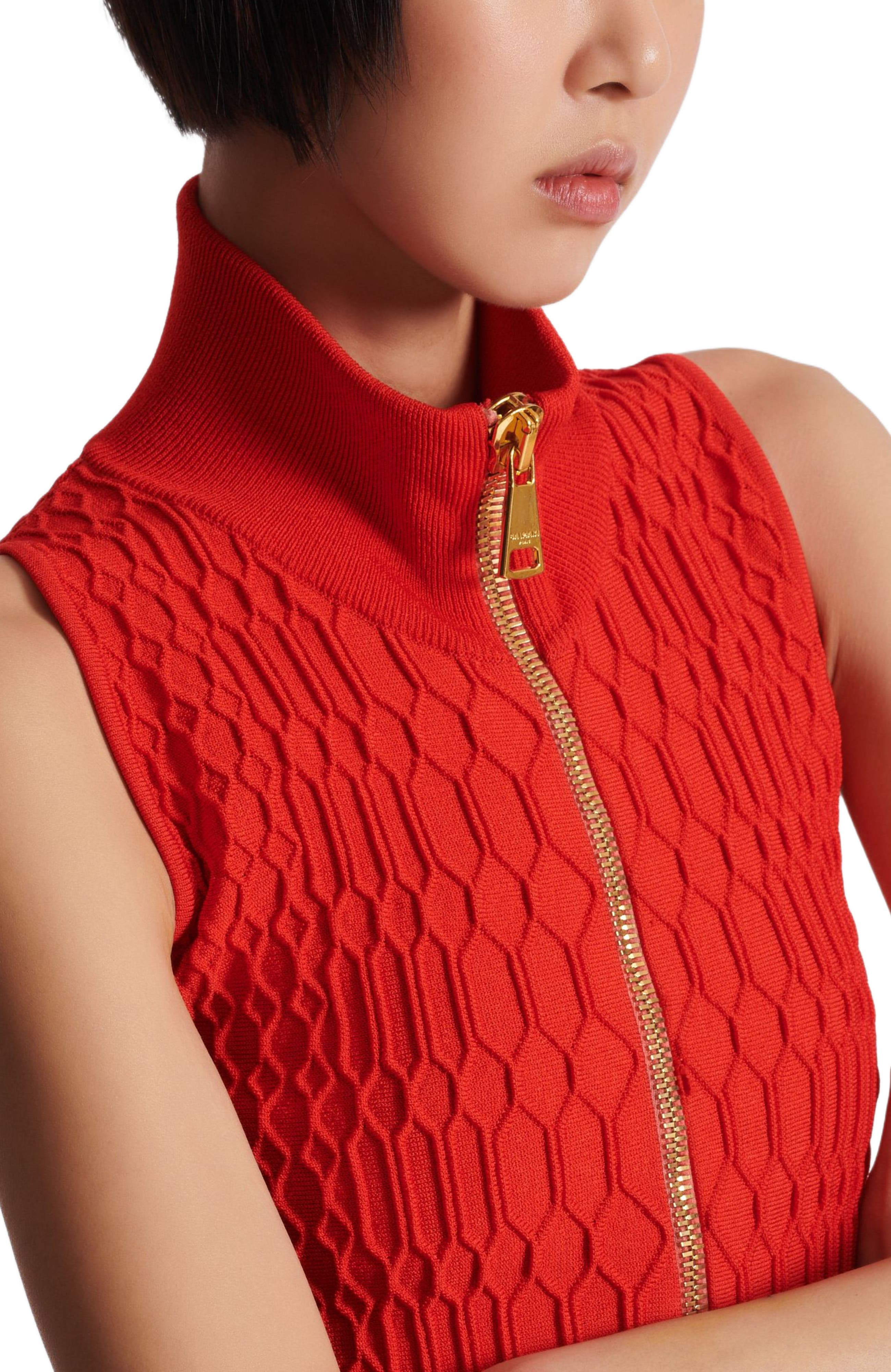 Balmain Sleeveless Crocodile-Knit Top in Red at Nordstrom - 7