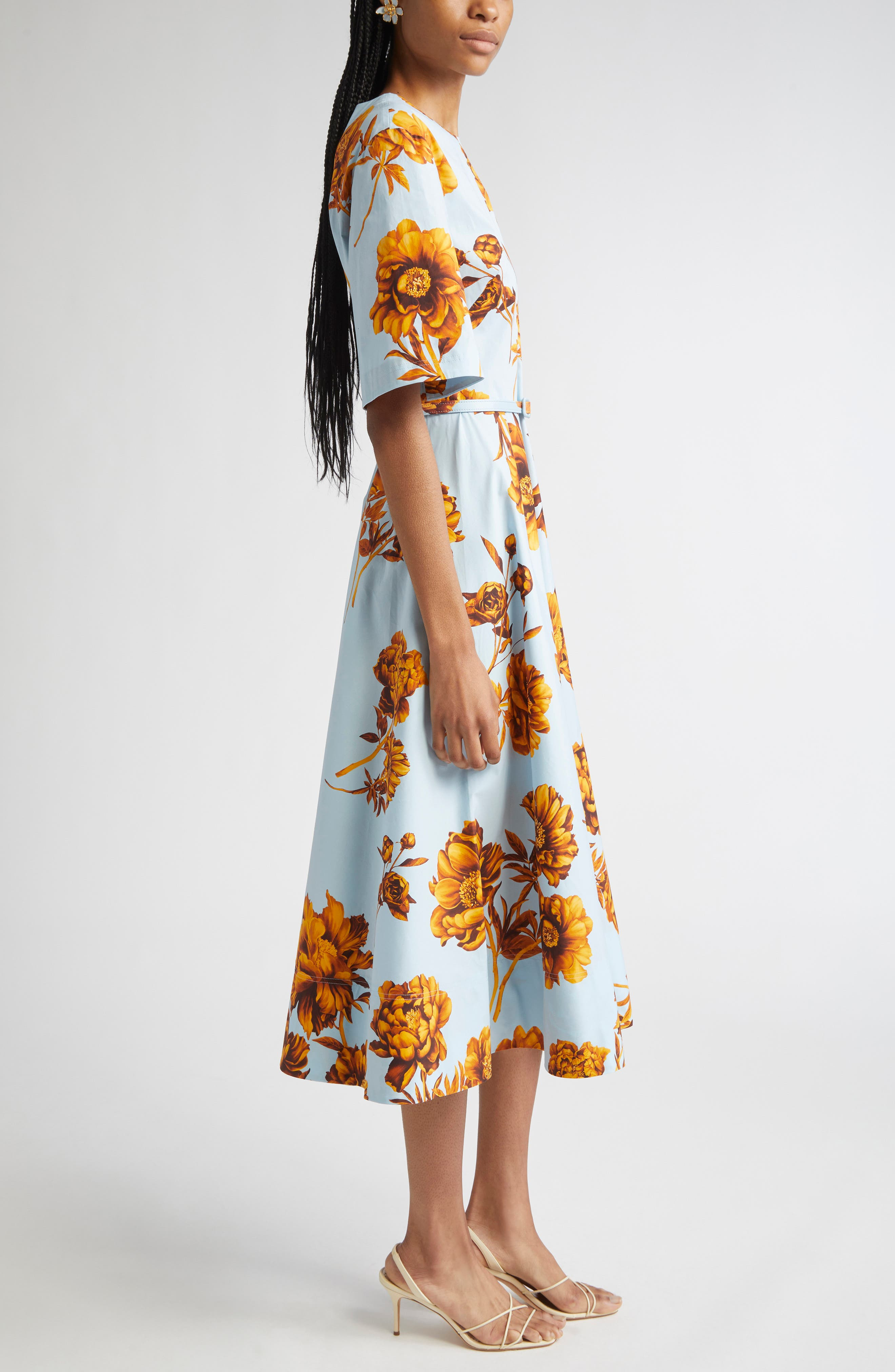 Oscar de la Renta Tonal Peony Print Stretch Poplin Belted Dress in Brown/Ice Blue at Nordstrom - 3