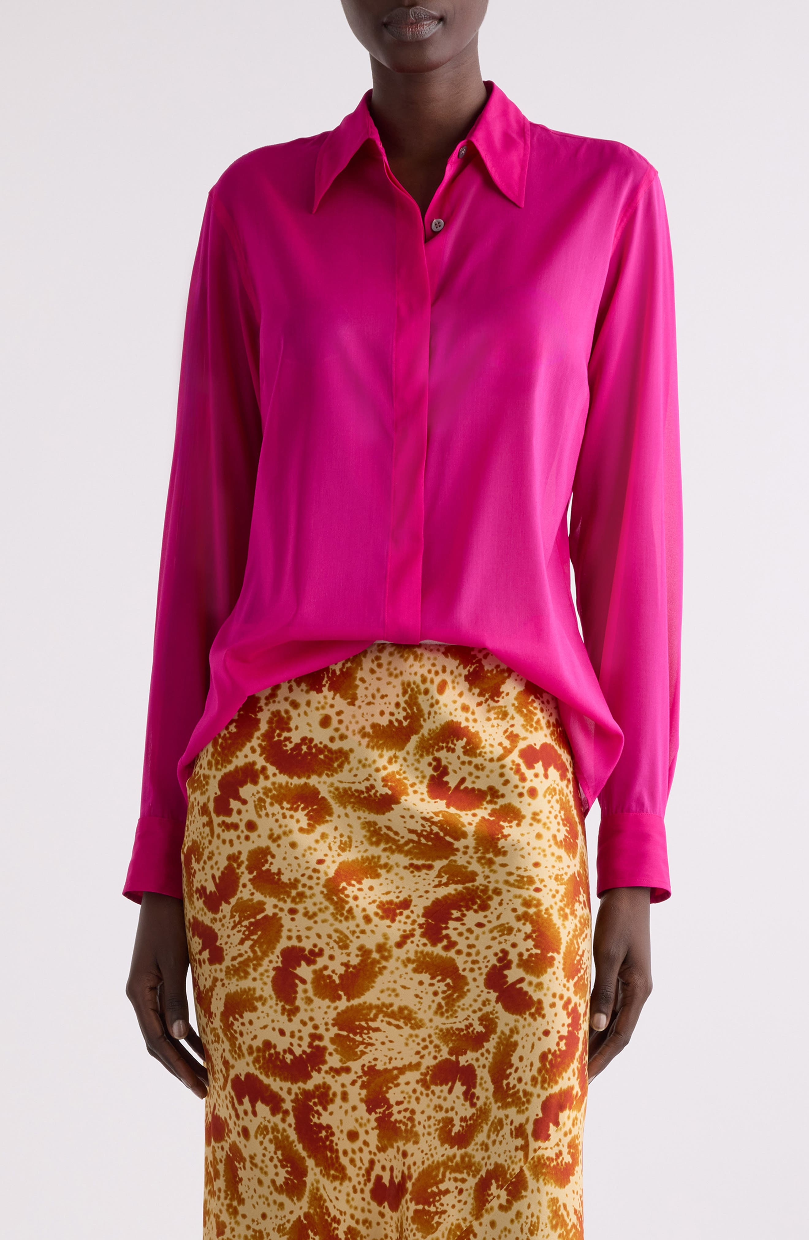 Dries Van Noten Chowy Stretch Silk Button-Up Shirt in Fuchsia at Nordstrom - 1