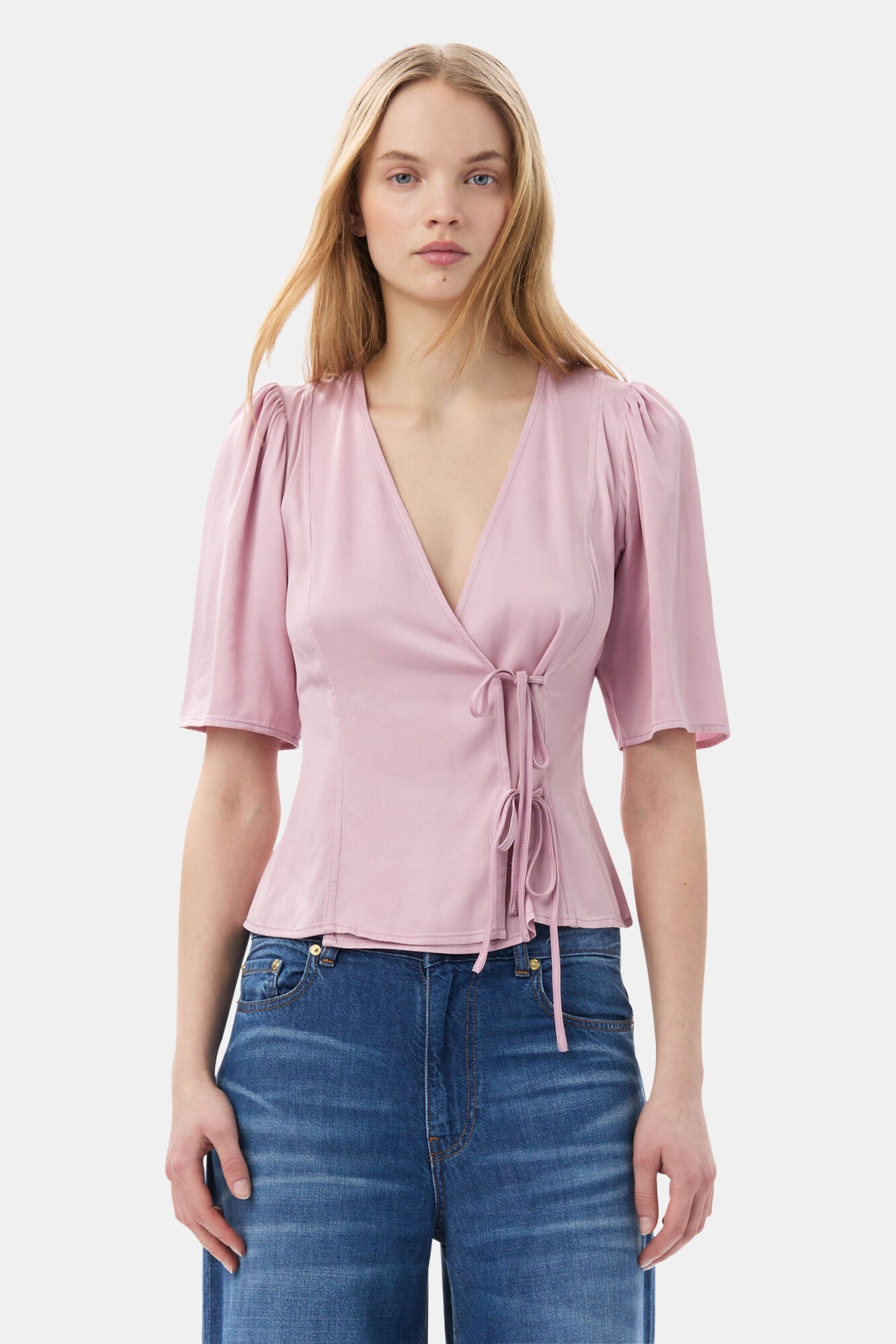 PINK WASHED SATIN WRAP BLOUSE - 2