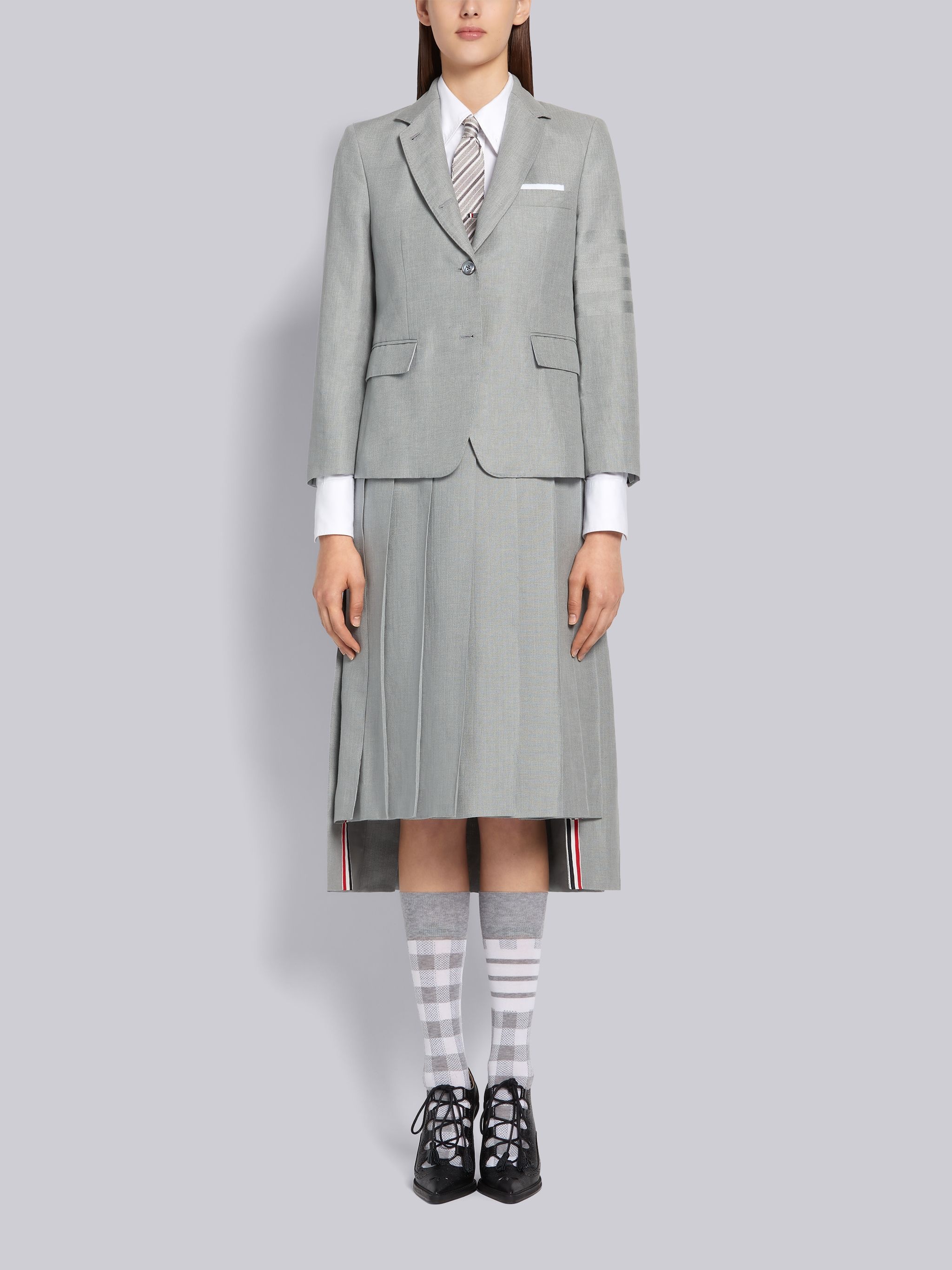 Light Grey Crispy Linen Classic Tonal 4-Bar Pleated Skirt - 4