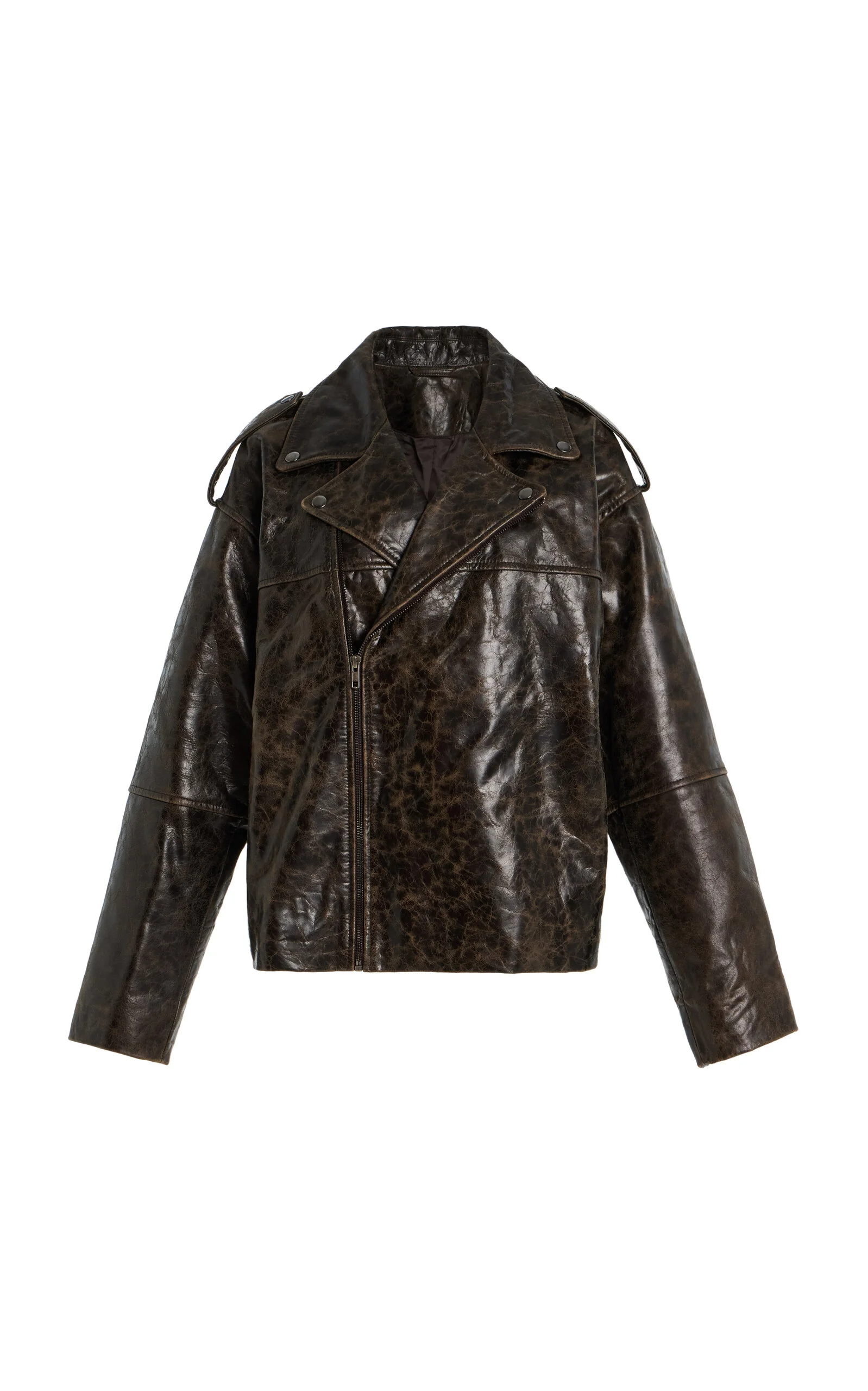 Margo Crunch-Effect Leather Biker Jacket brown - 1