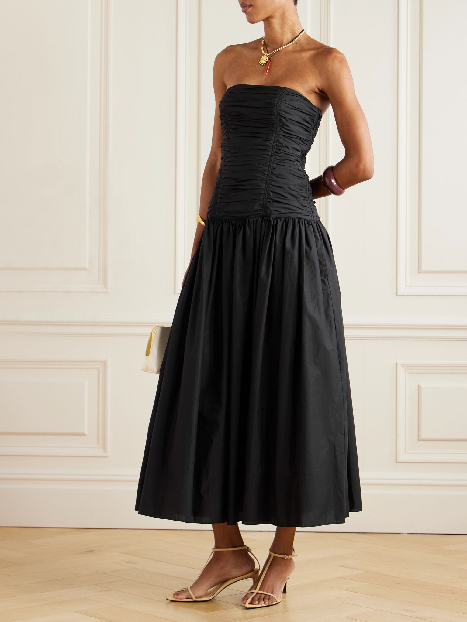 Strapless ruched organic cotton-poplin midi dress Black - 2