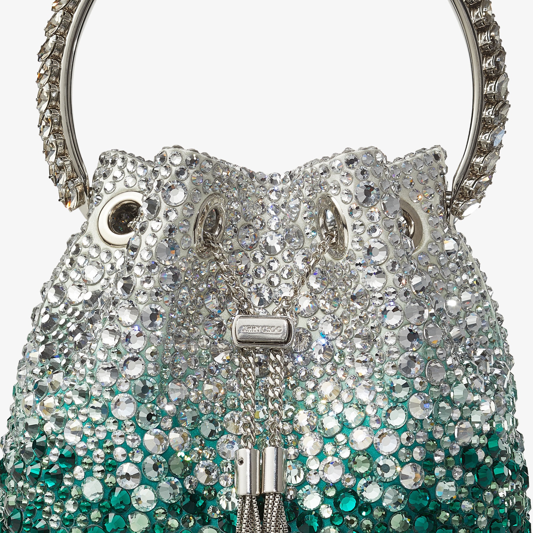 JIMMY CHOO BONBONTZZSILVERSILVER 関税送料込 JIMMY CHOO Bon Bon Emerald and Silver Satin Bag with