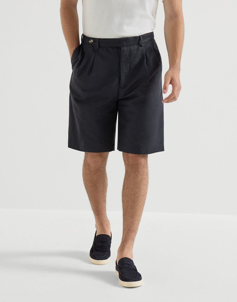 Cotton and linen panama Bermuda shorts with pleats and tabbed waistband 2