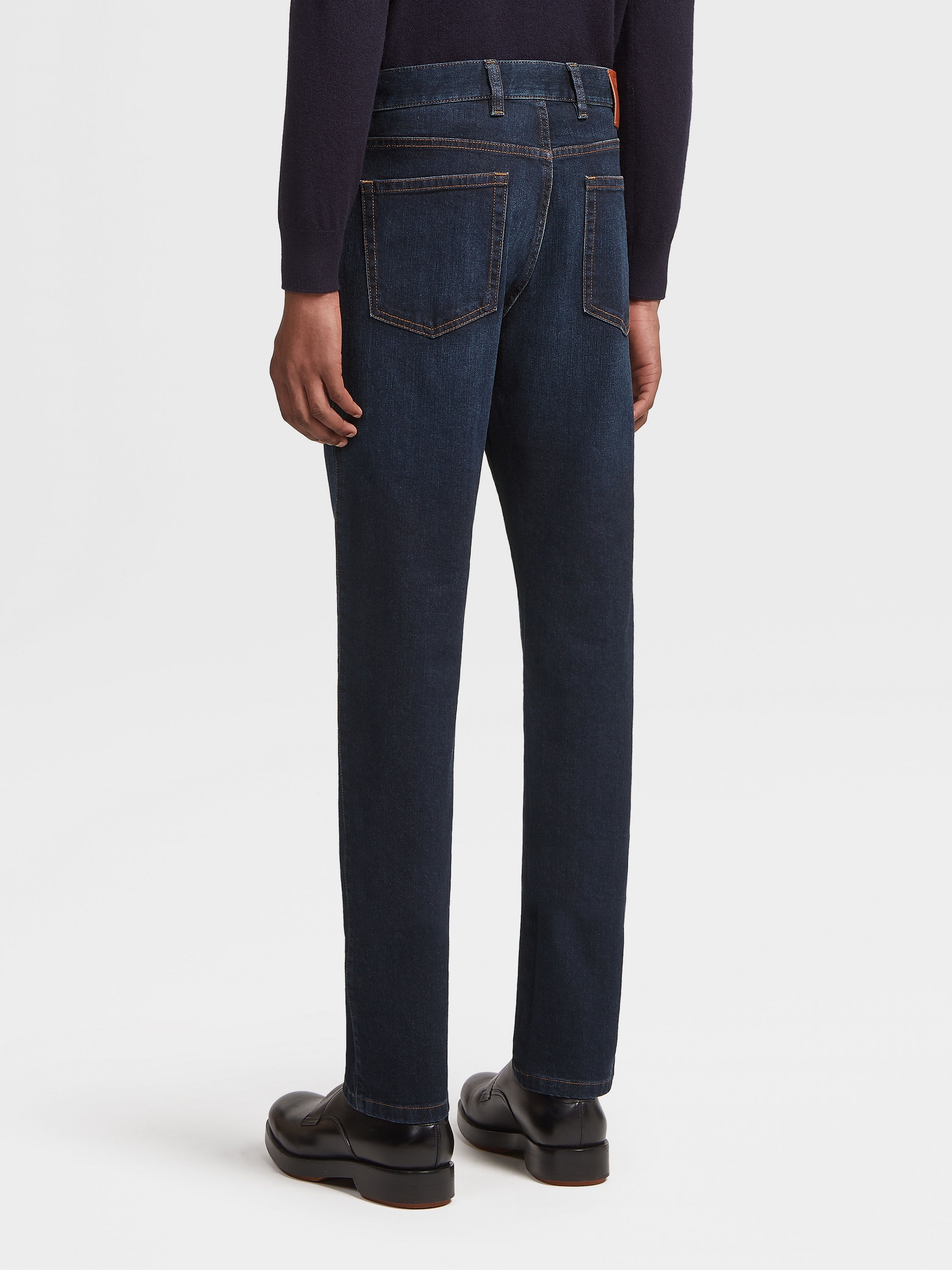 DARK BLUE STONE-WASHED COTTON ROCCIA JEANS - 3