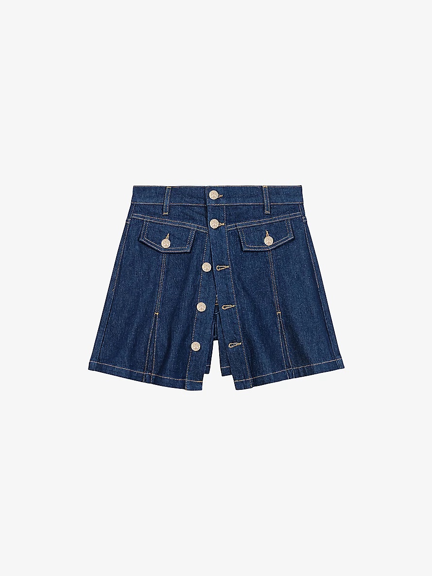 Flared mid-rise stretch-denim skort - 1