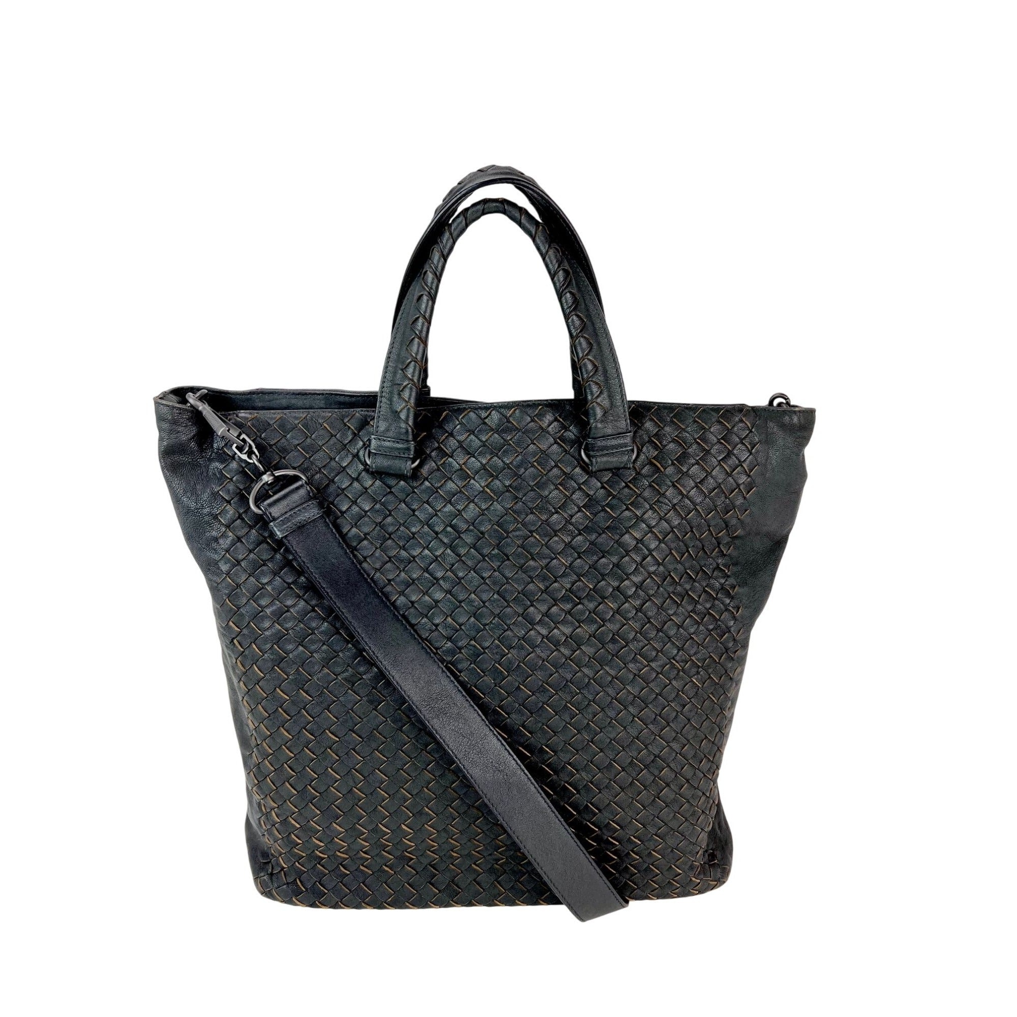 Bottega Veneta Intreciato Black leather zippered Messenger Tote Bag - 1