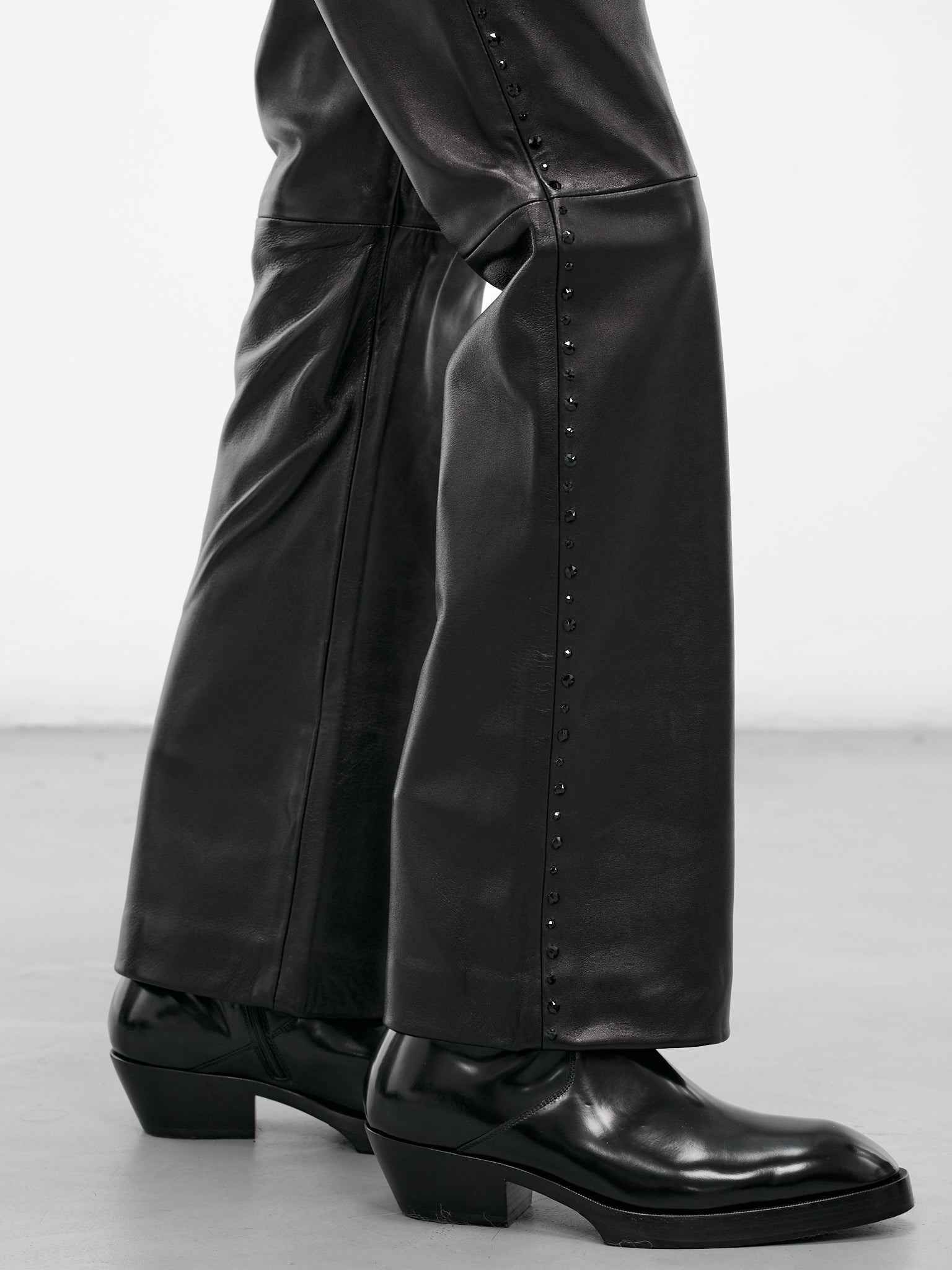 Black Leather Swarovski Flared Trousers - 5