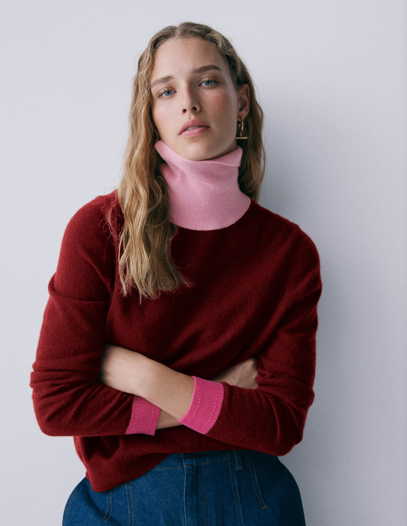 Eva Cashmere Roll Neck Sweater-Chestnut, Colour Block 7
