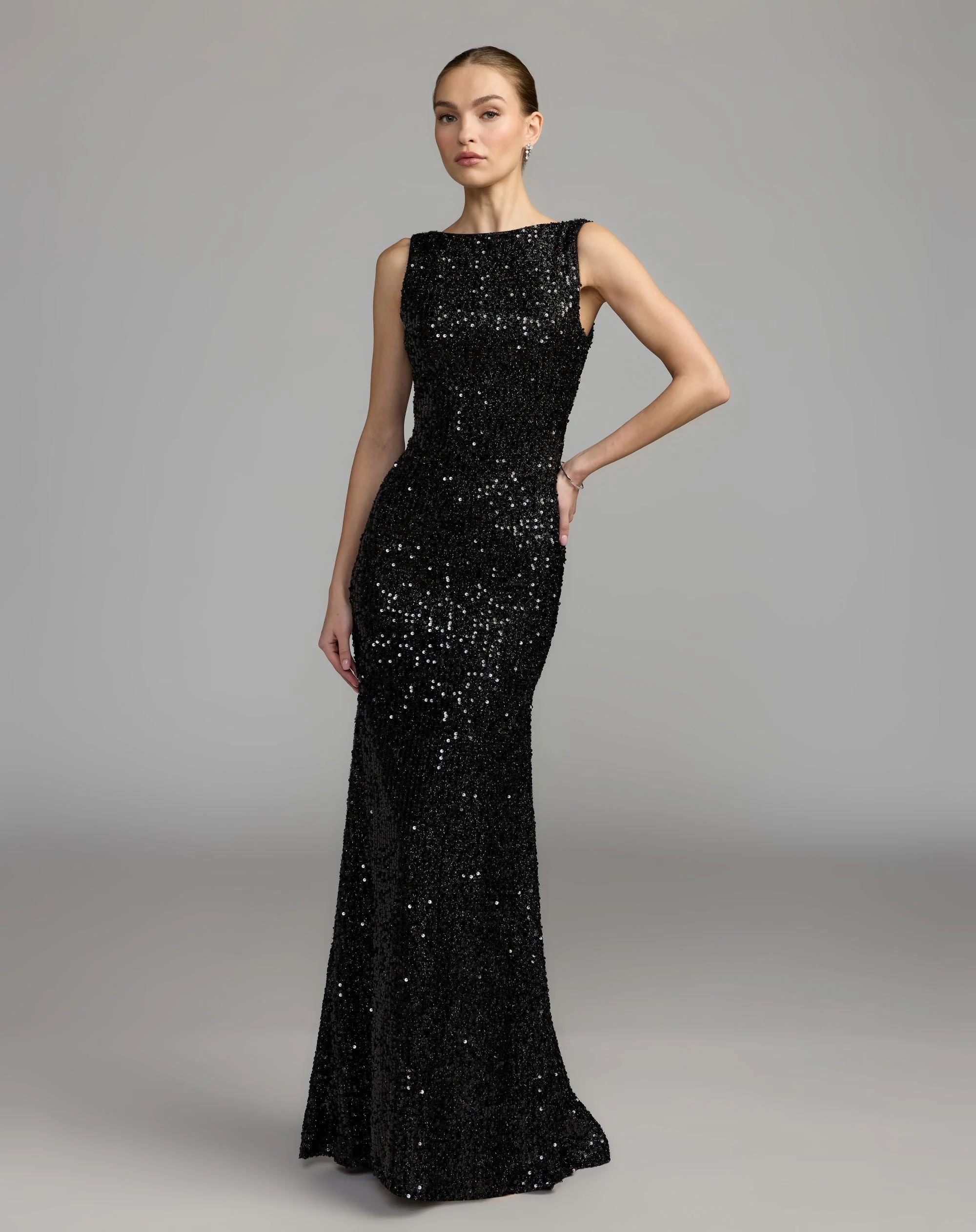 Black Sleeveless Cowl Back Sequin Evening Gown - 1