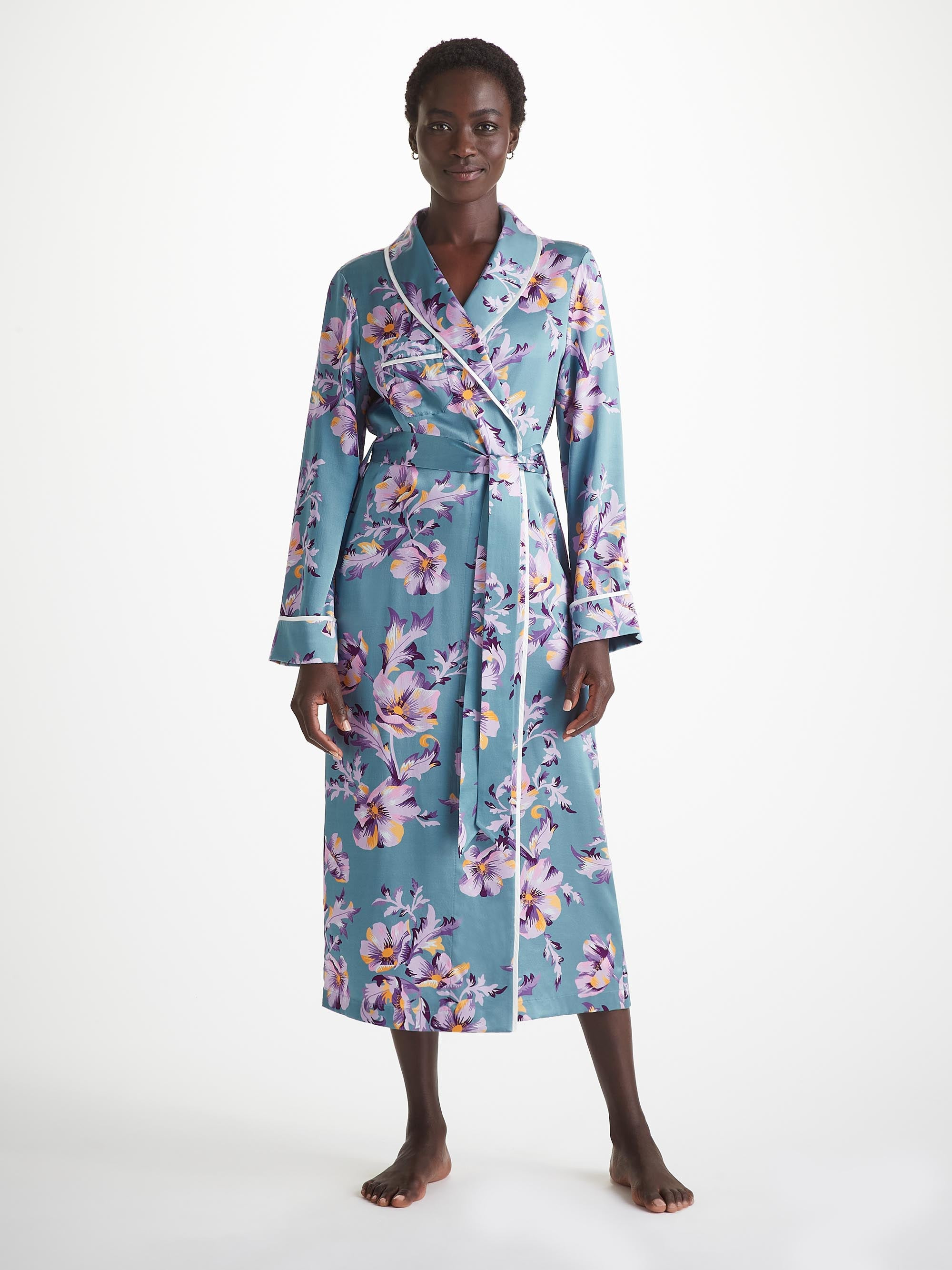 Women's Long Robe Silk Satin Blue Wildflower Pattern - 2