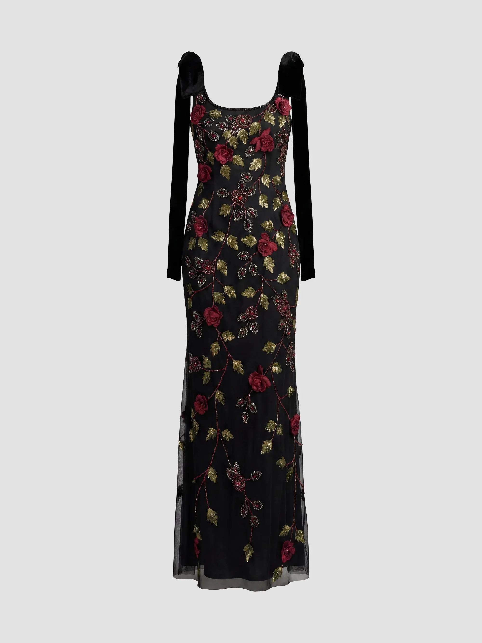 Women's Floral Embroidered Bow-Shoulder Gown - Black Red - 1