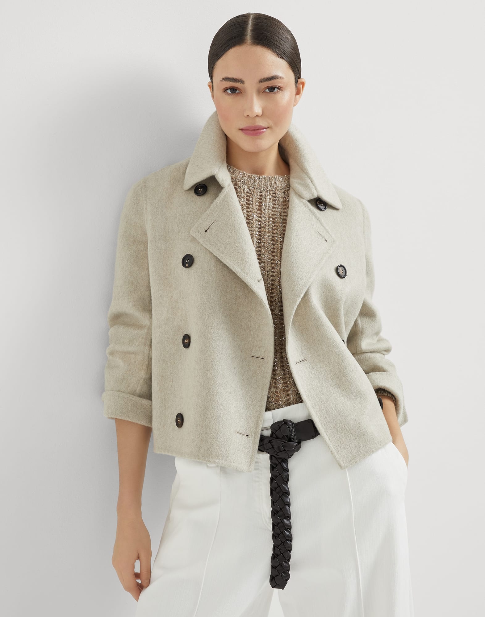 Hand-crafted cropped pea coat in cashmere double beaver cloth with monili - 4