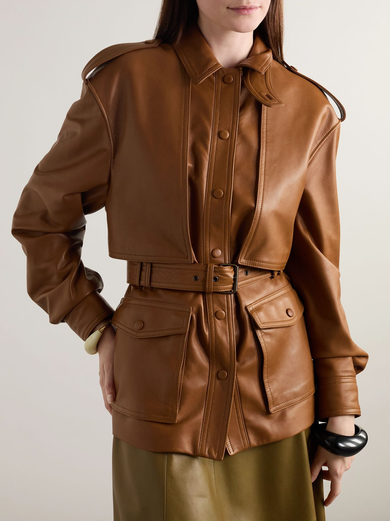 Belted leather jacket Brown - 3