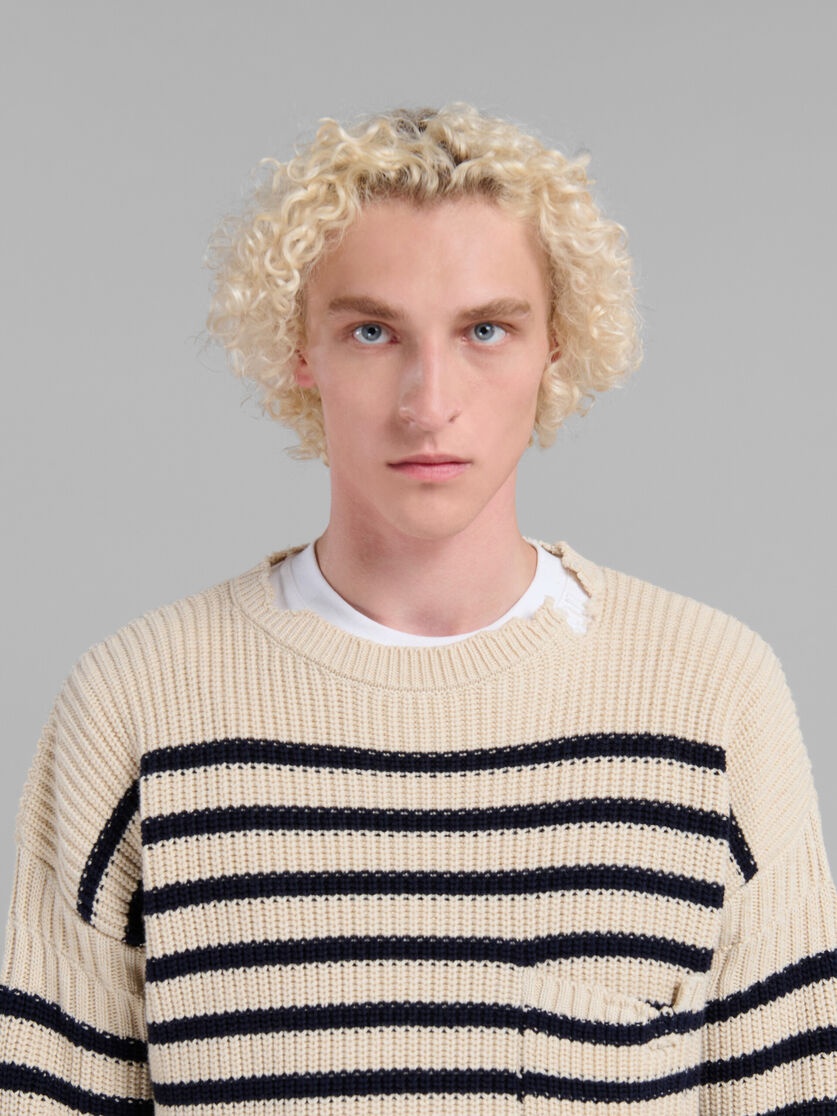 WHITE WOOL AND COTTON STRIPED FISHERMAN JUMPER - 4