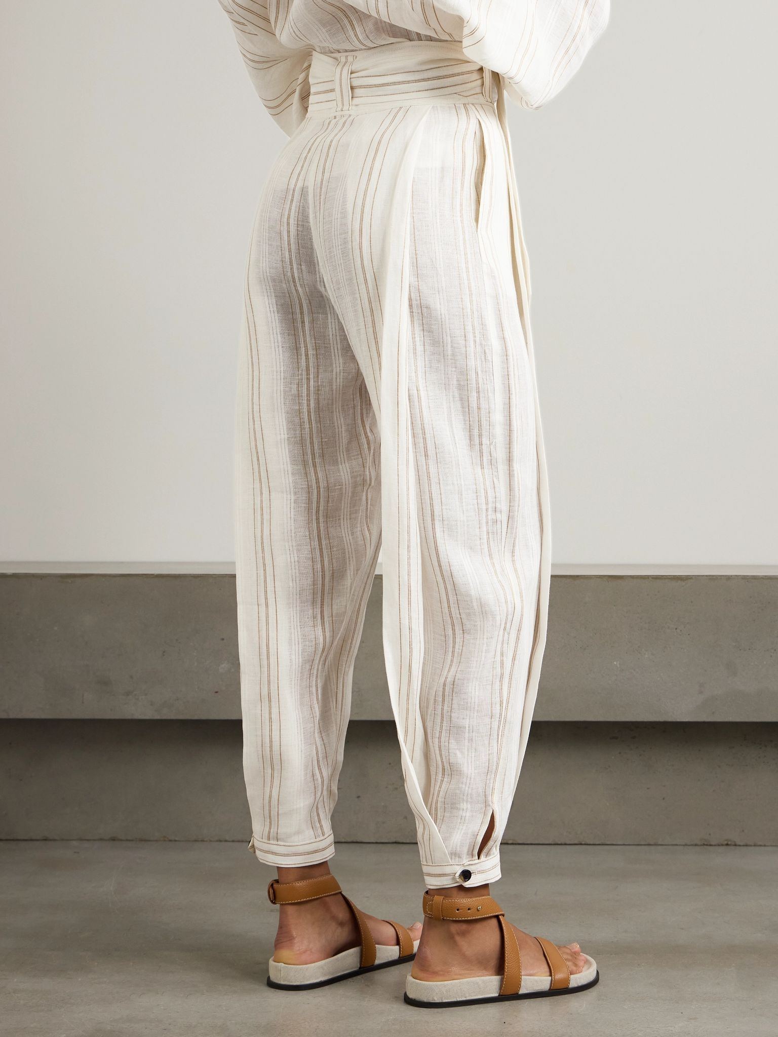 Gustel belted striped linen tapered pants White - 3