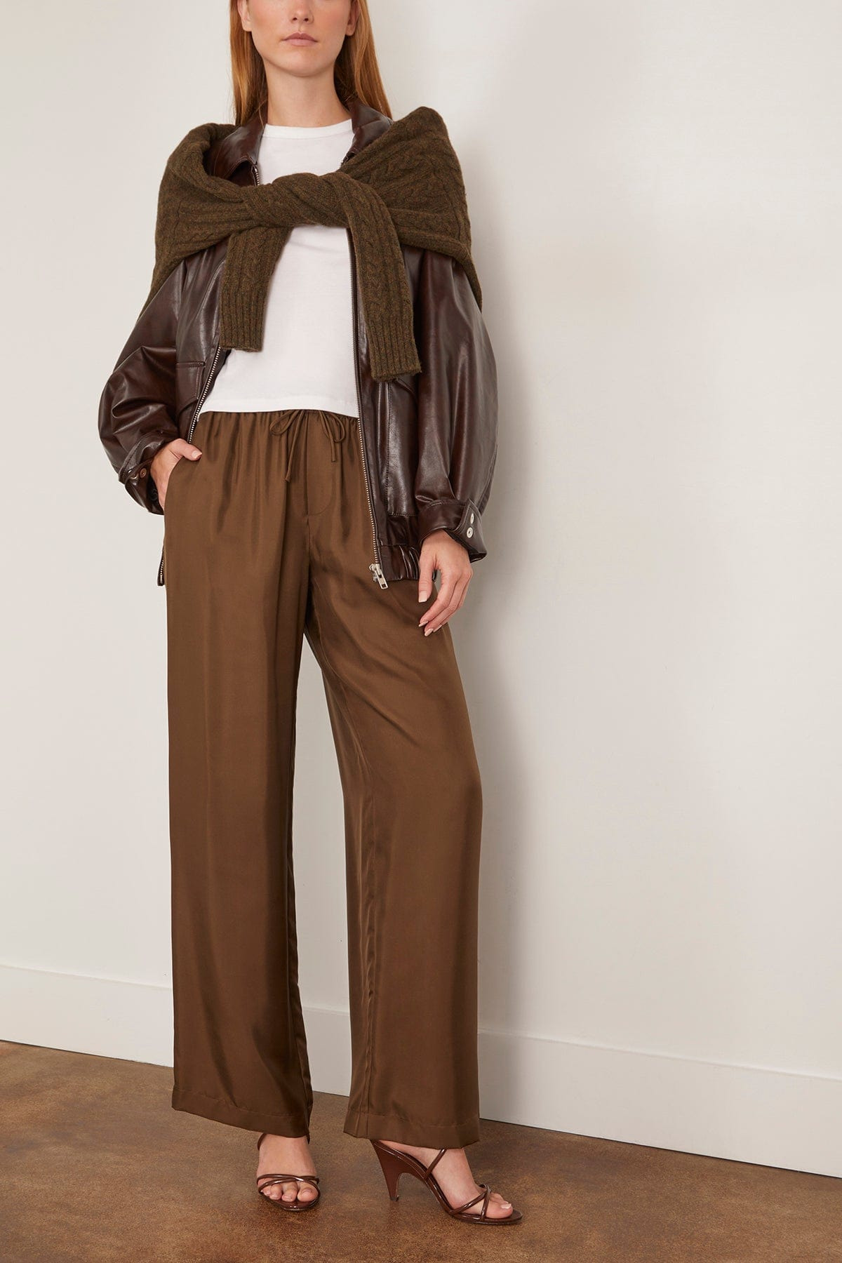 Wide Leg Silk Trousers in Forest - 2