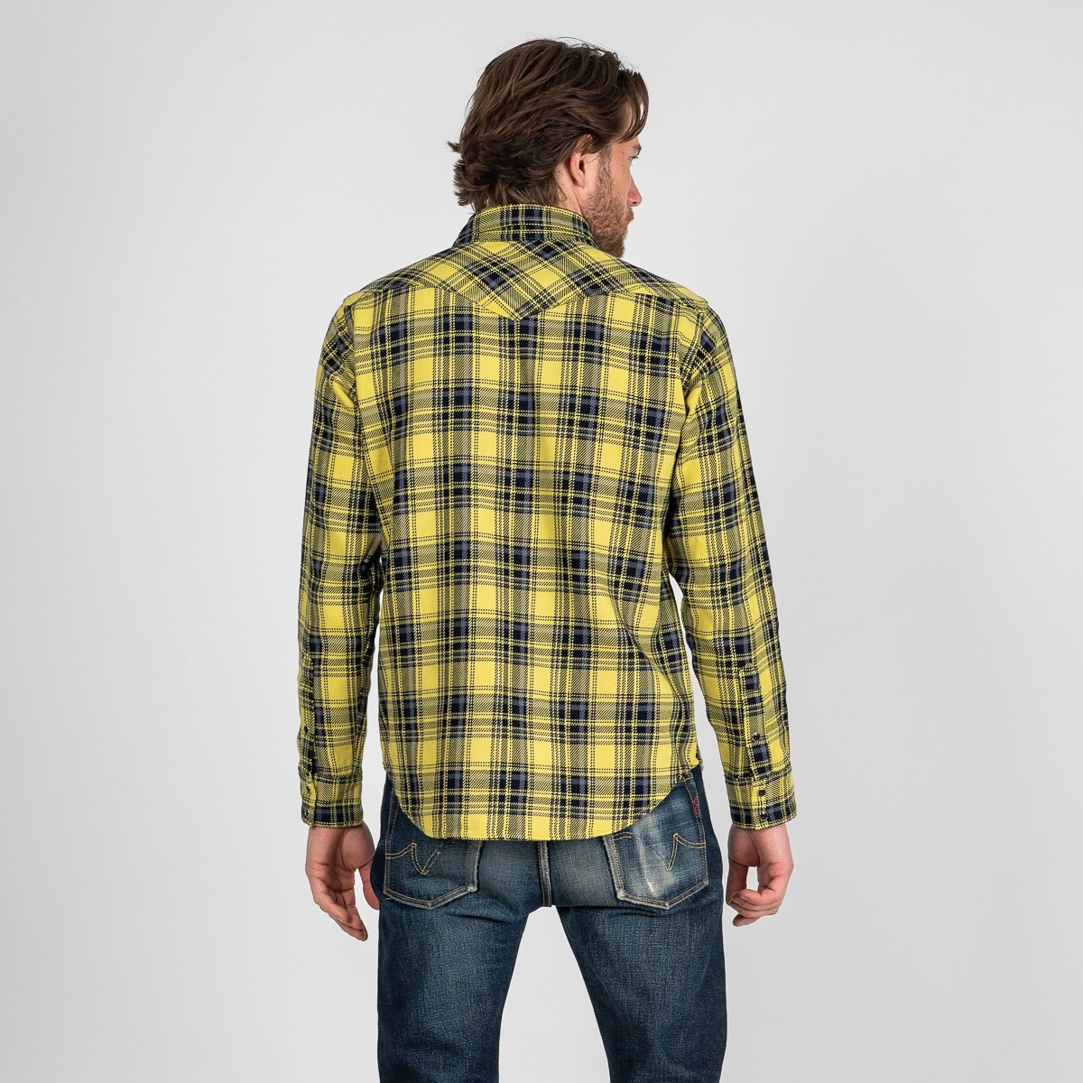 IHSH-411-YEL 9oz Selvedge Indigo Check Flannel Western Shirt - Yellow - 3