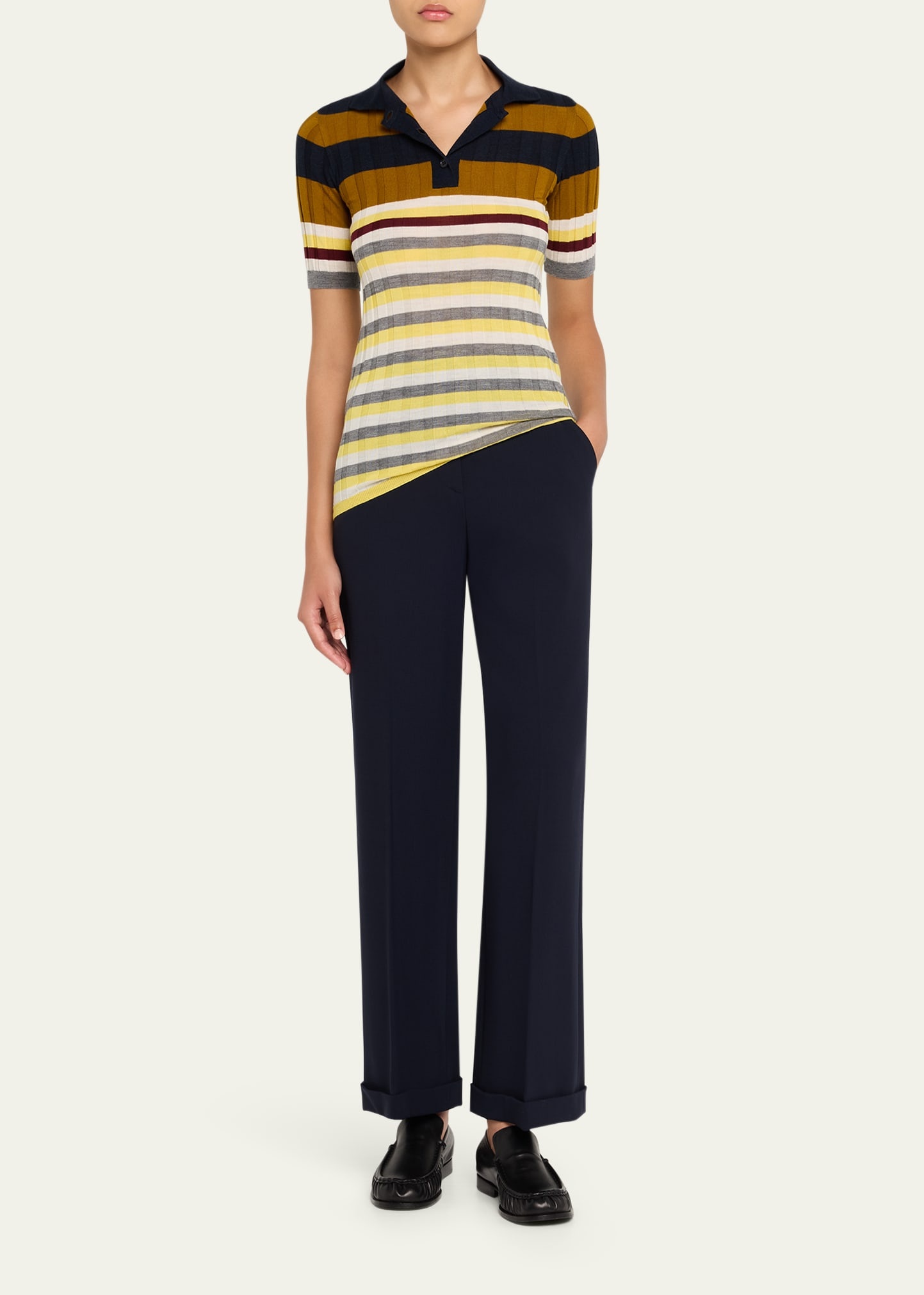 Striped Short-Sleeve Wide Rib Polo Sweater - 2