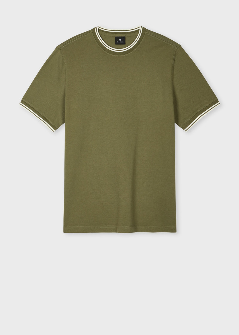 Khaki Regular-Fit Contrast Stripe Cotton T-Shirt 1
