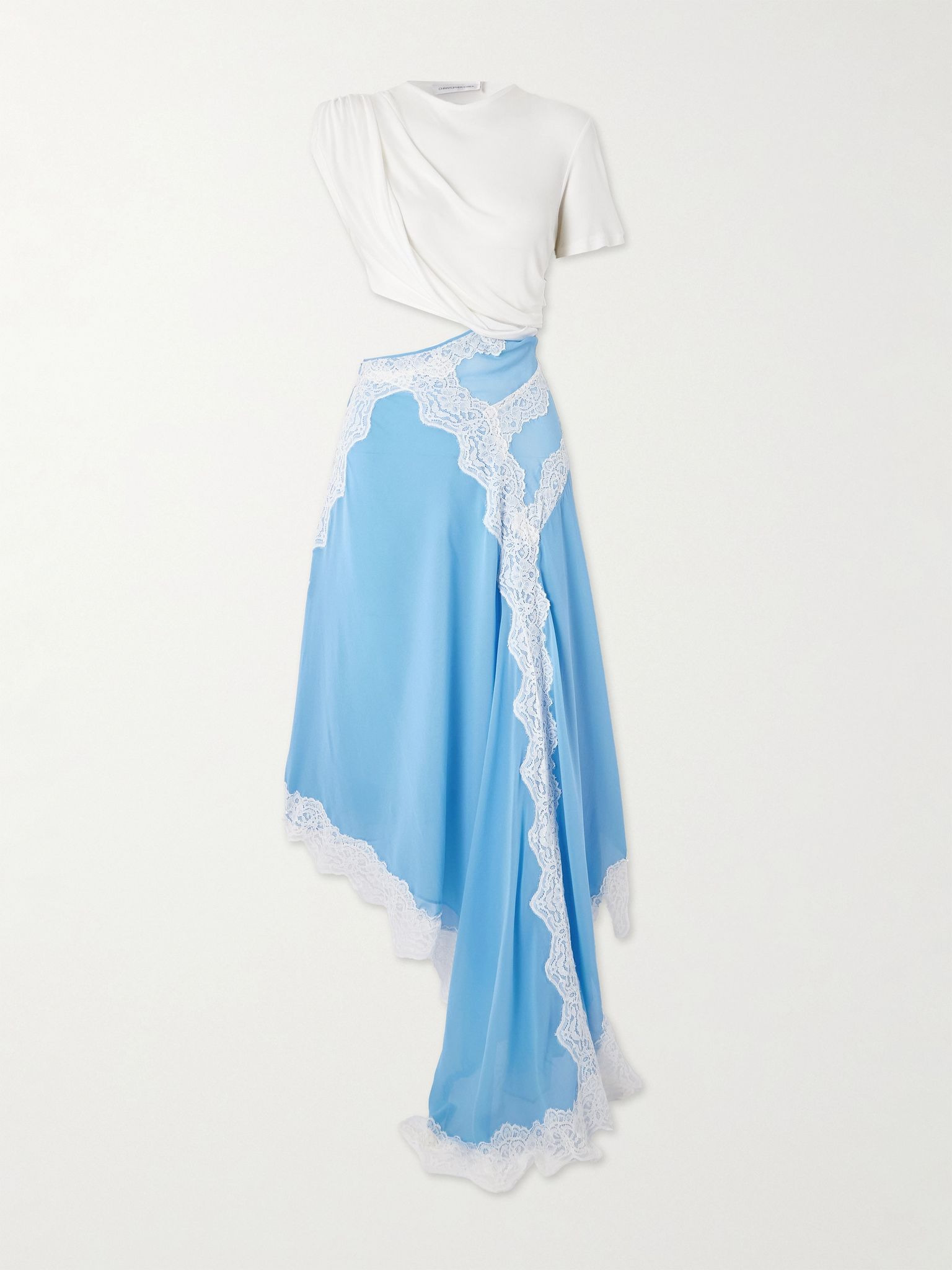 Verve asymmetric lace-trimmed silk-georgette and ribbed jersey dress Blue - 1